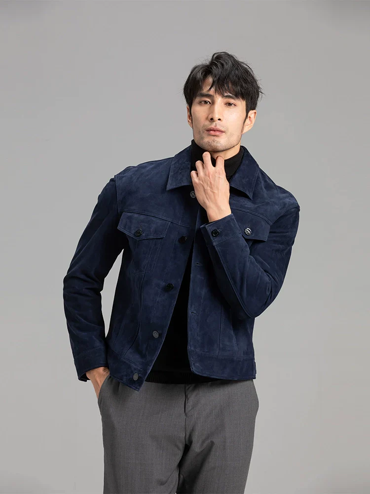 Navy Goat Suede Trucker Jacket - Image 3