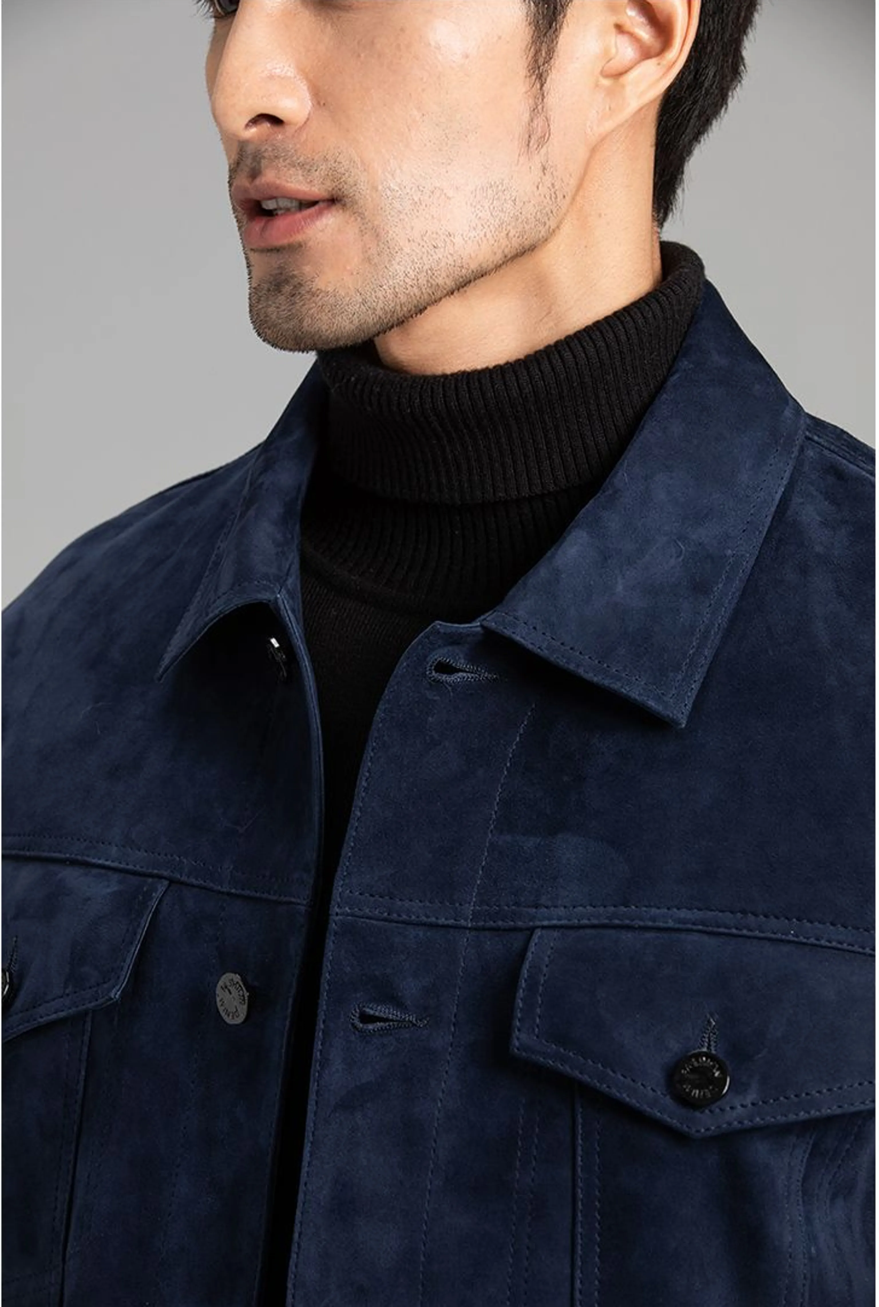 Navy Goat Suede Trucker Jacket - Image 5
