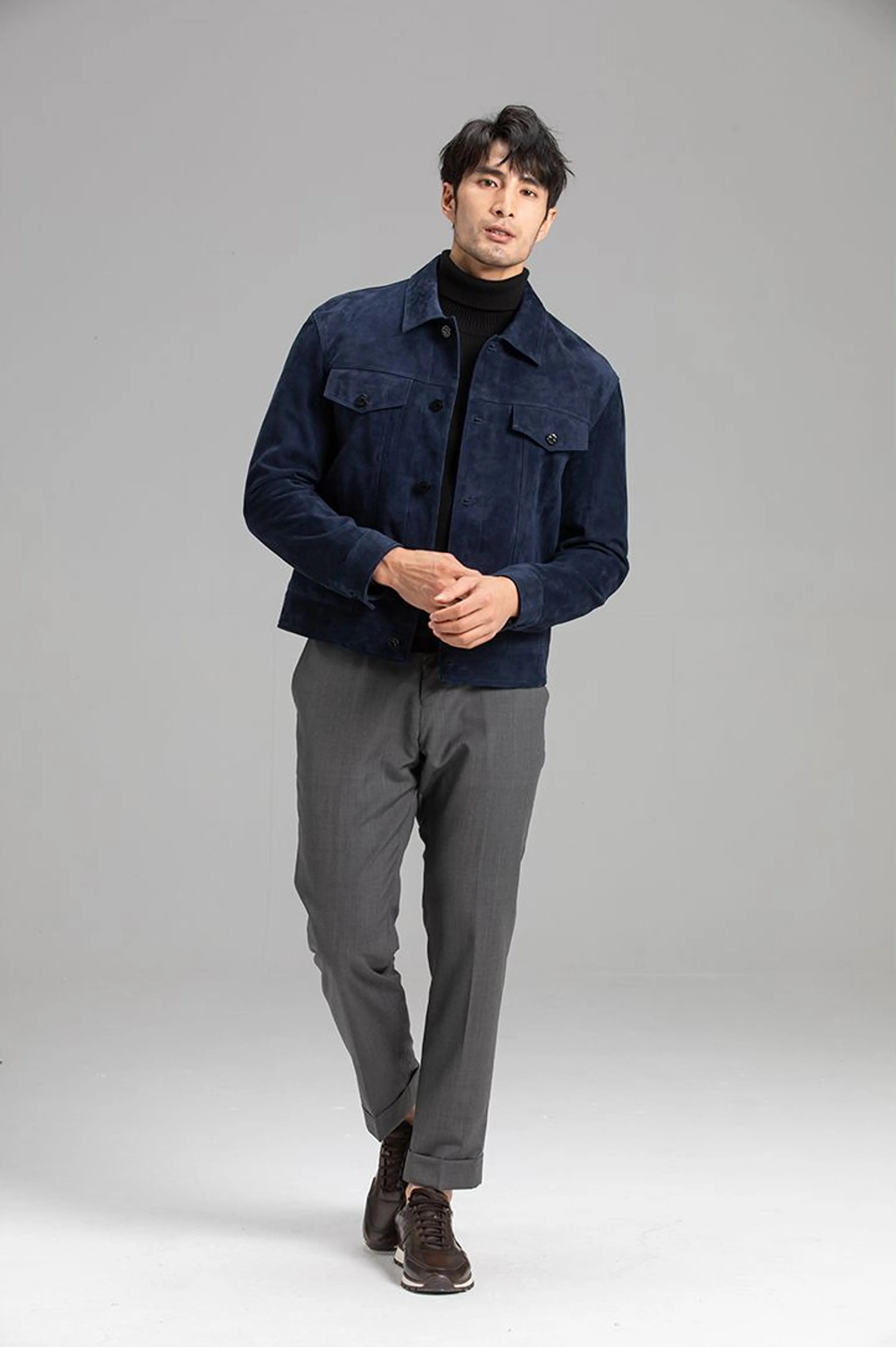 Navy Goat Suede Trucker Jacket - Image 6