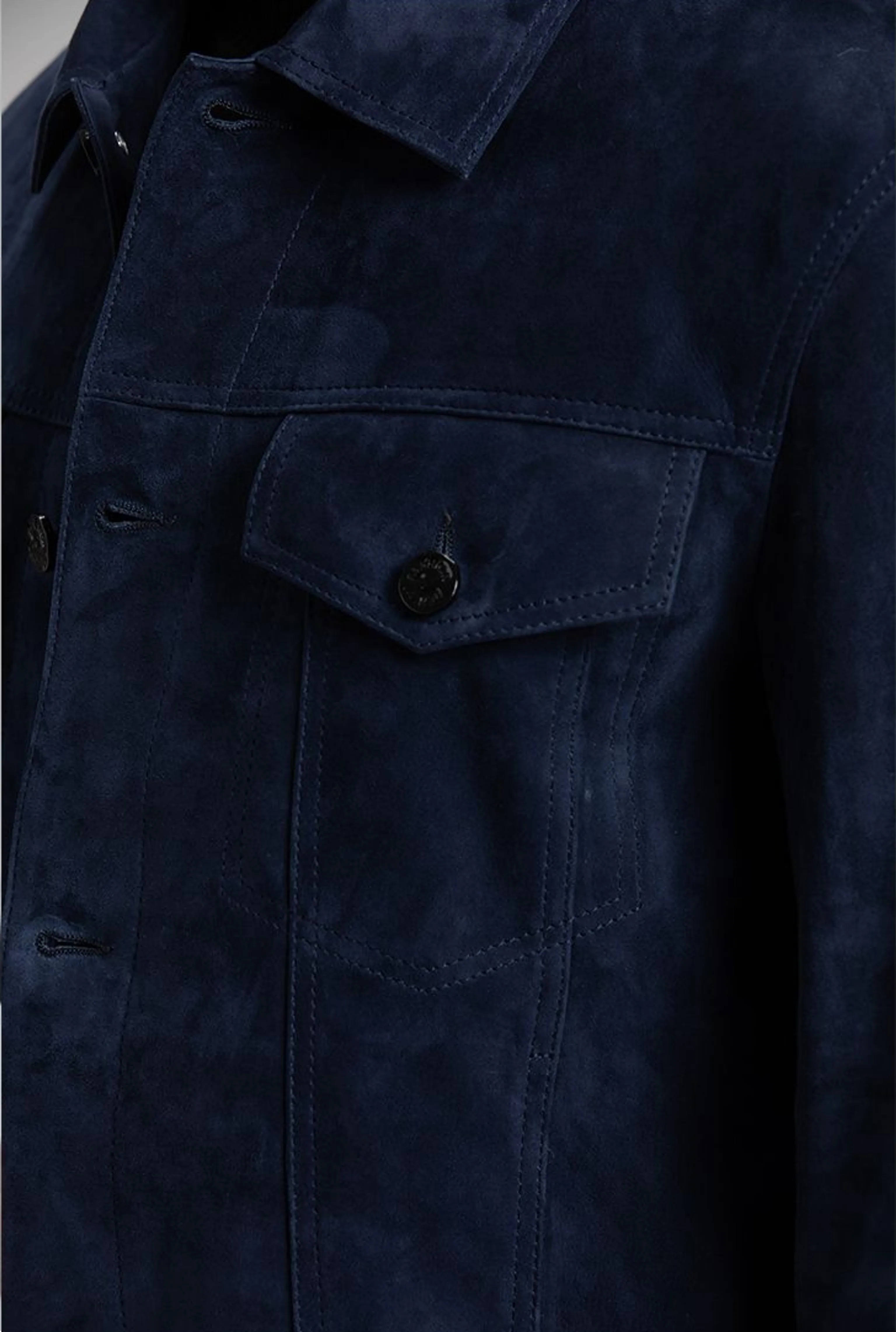 Navy Goat Suede Trucker Jacket - Image 7
