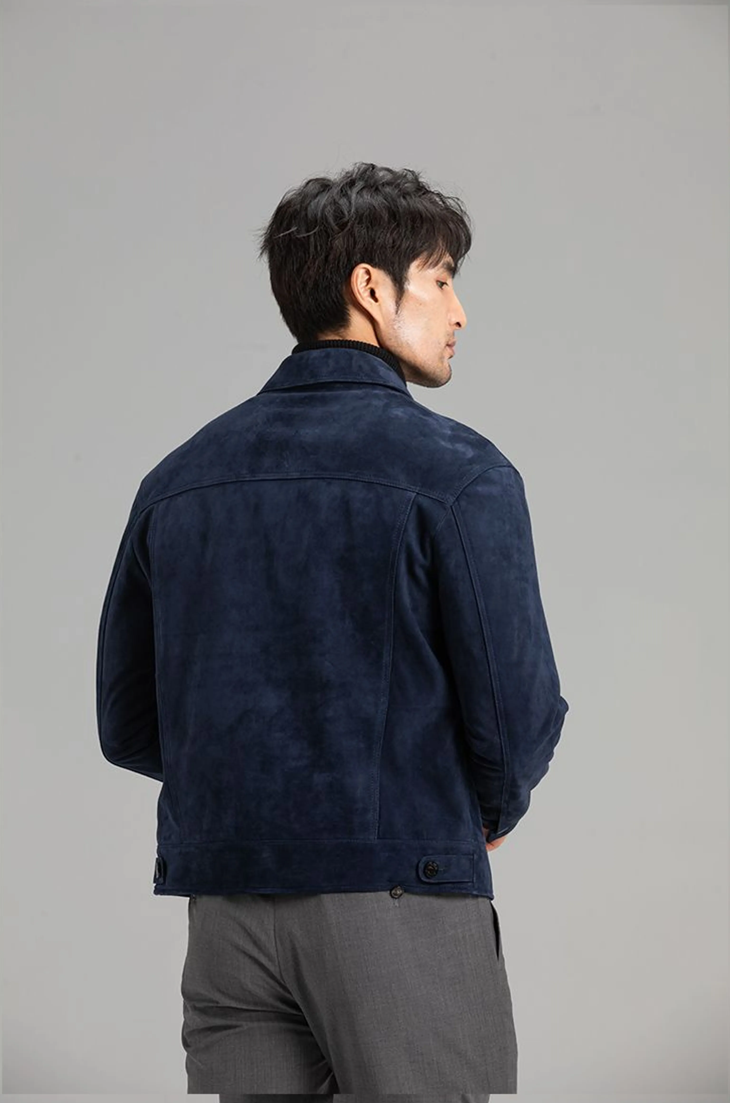 Navy Goat Suede Trucker Jacket - Image 8