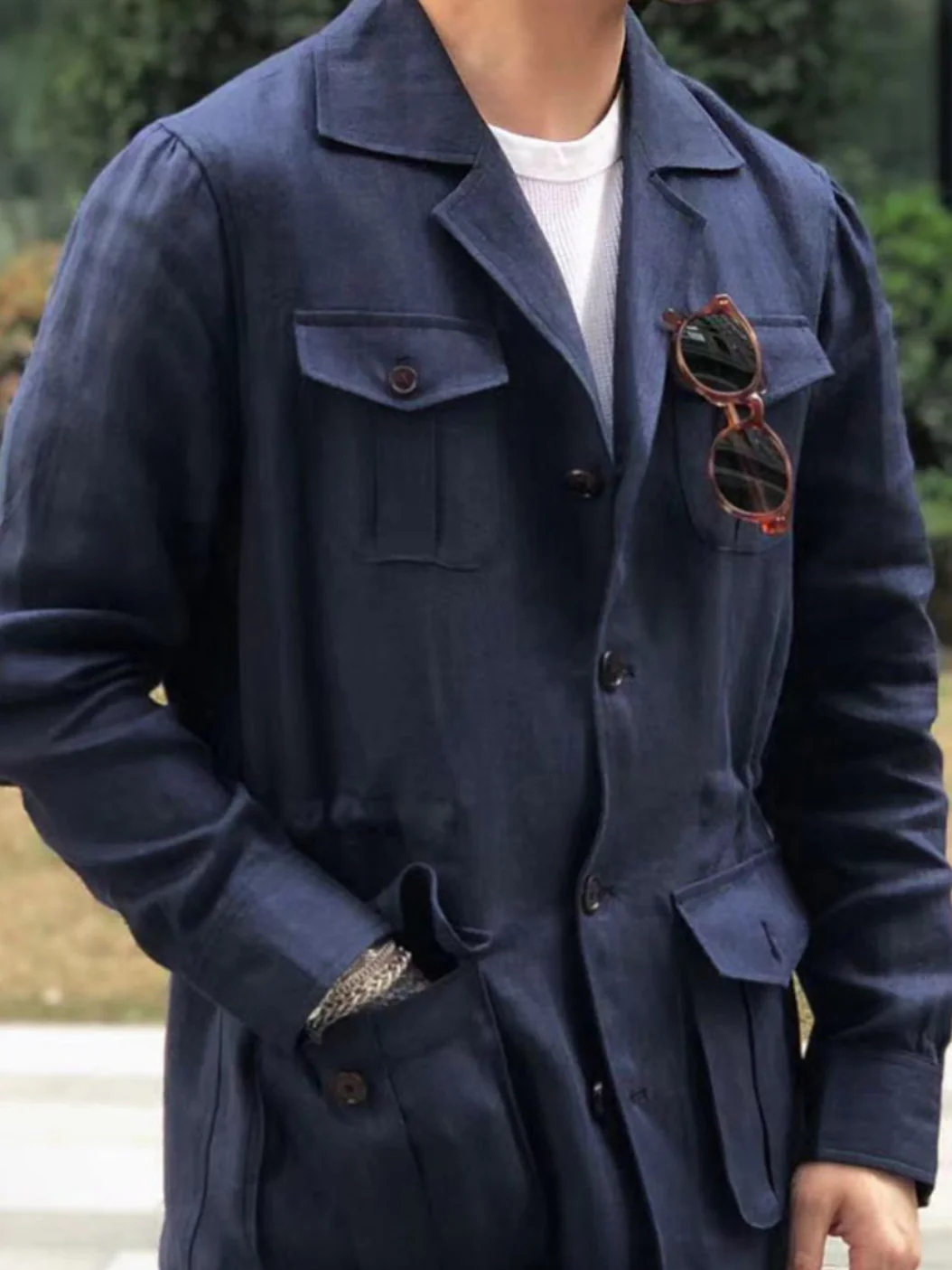 Navy Herringbone Safari Jacket - Image 2