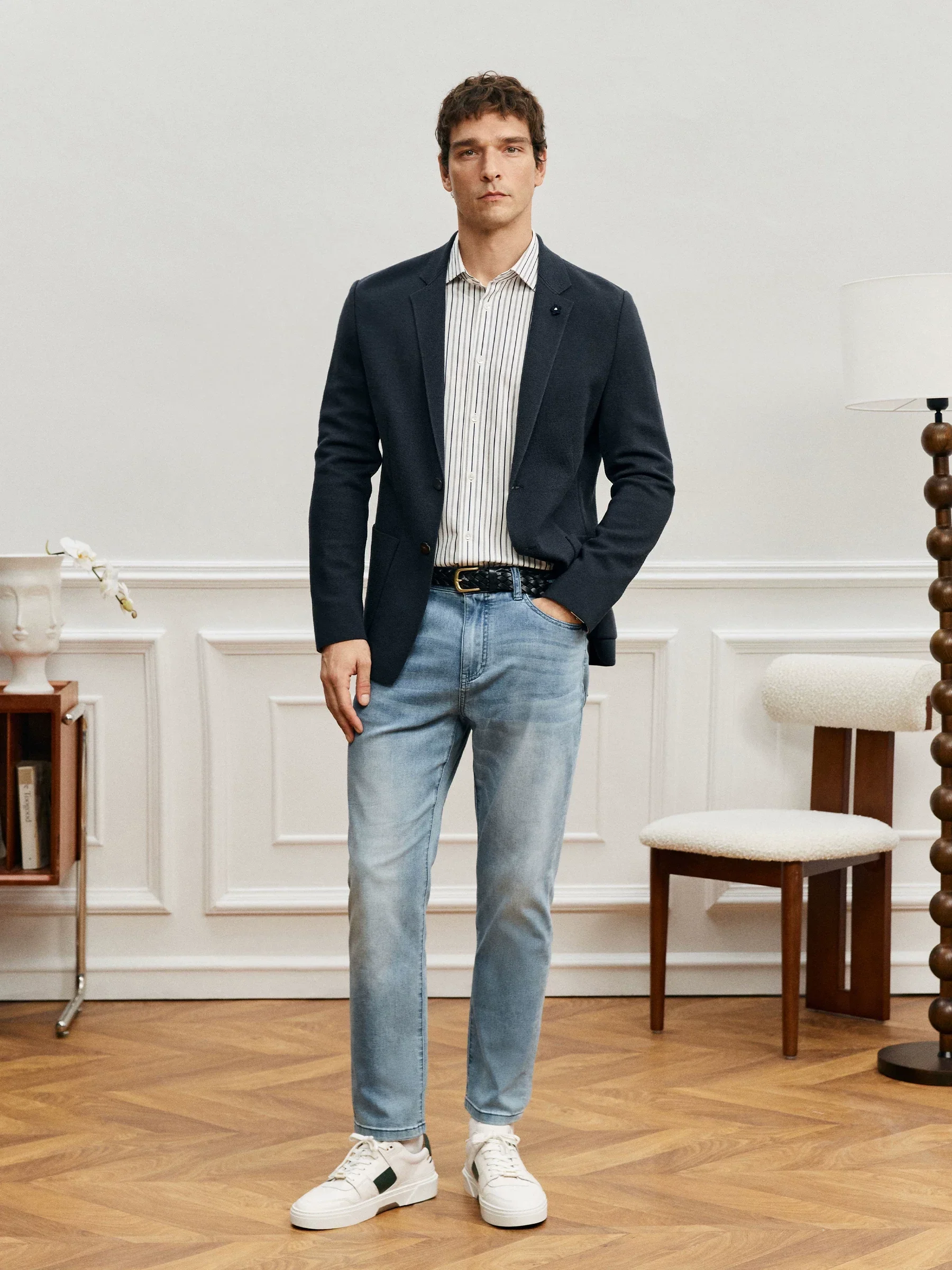 Navy Knit Wool Slim Blazer - Image 4