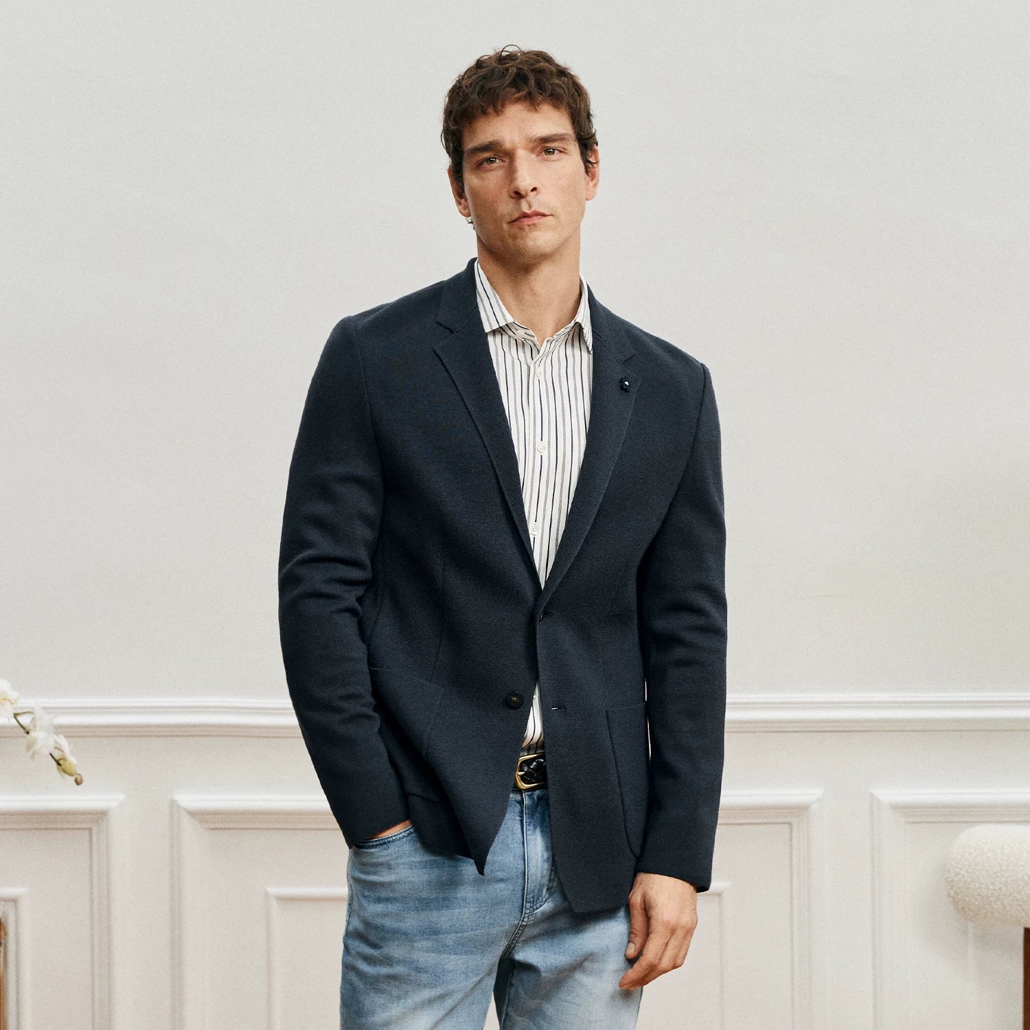 Navy Knit Wool Slim Blazer - Image 5