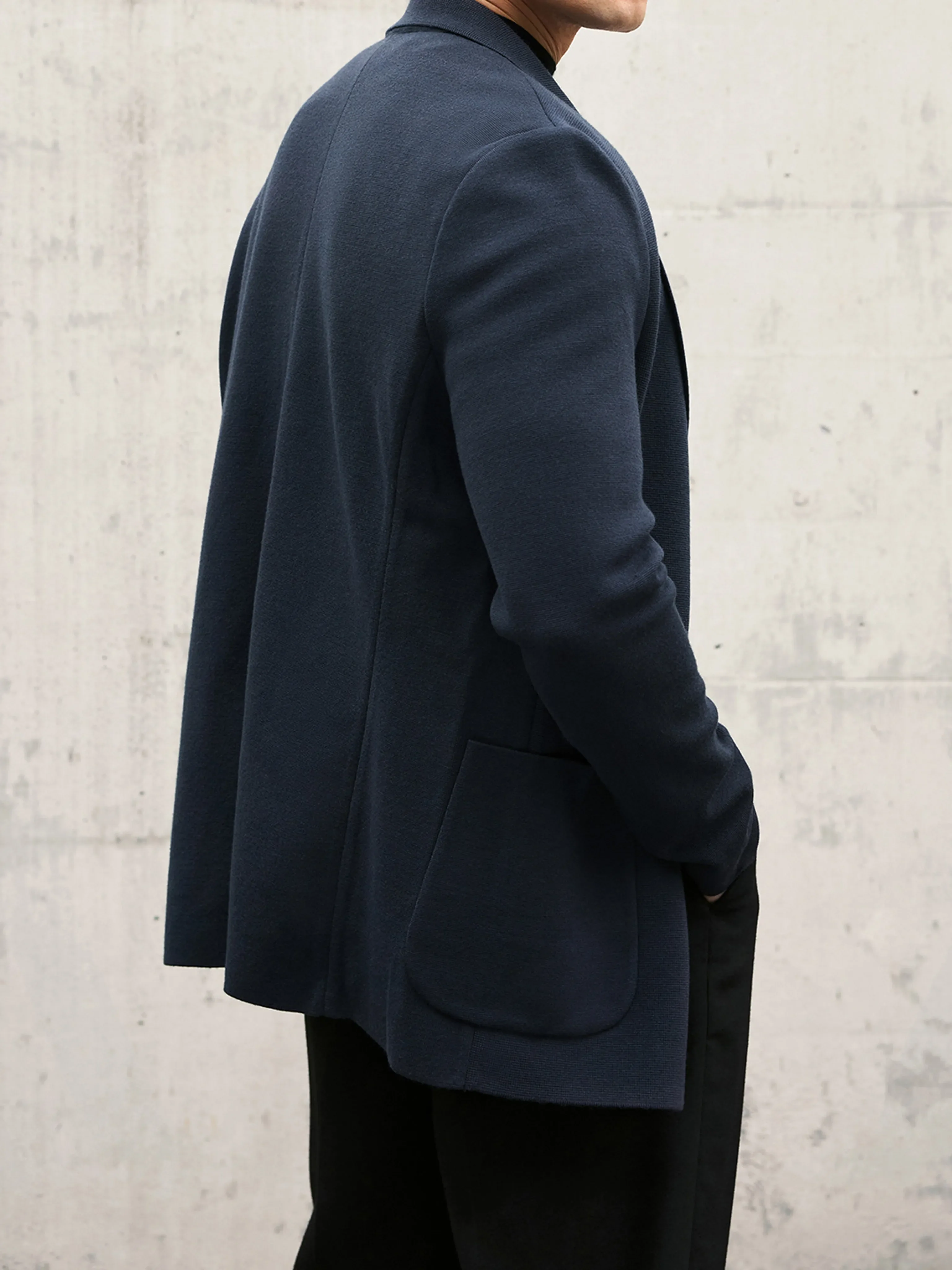 Navy Knit Wool Stretch Blazer - Image 5