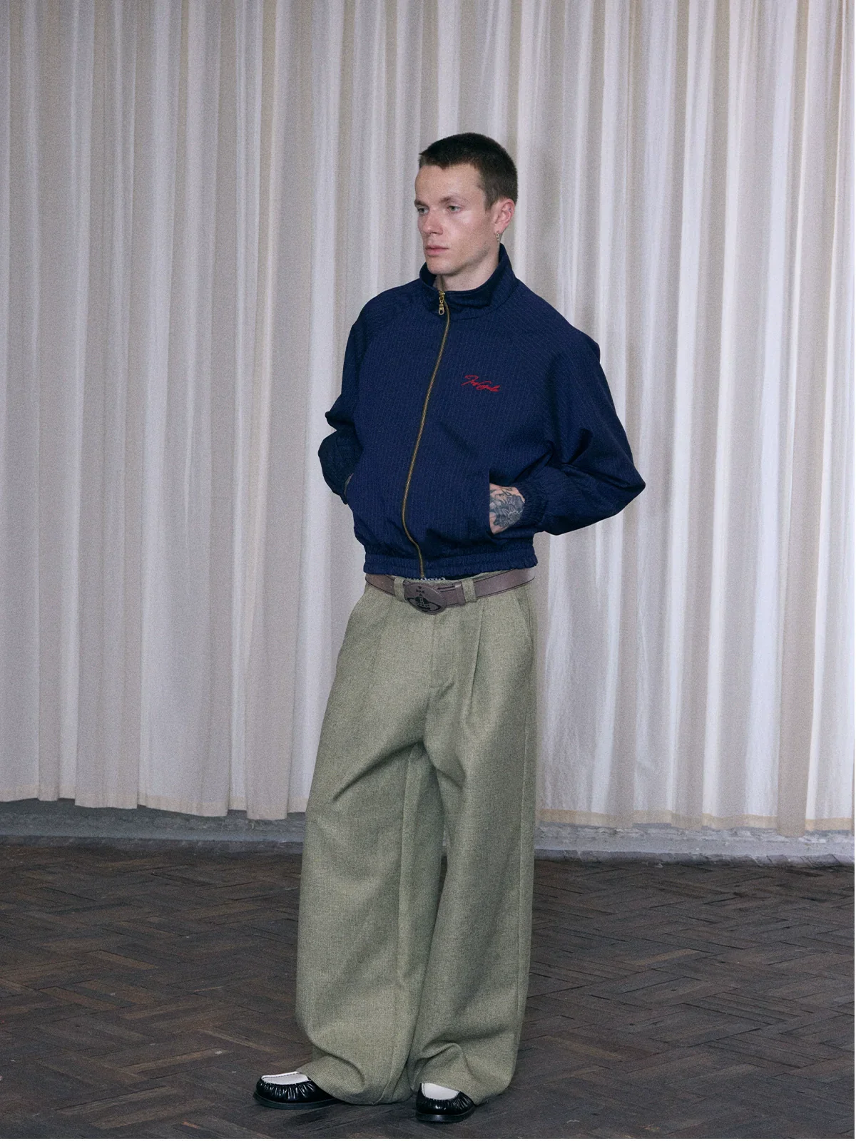Navy Pinstripe Stand-Collar Zip Jacket - Image 3