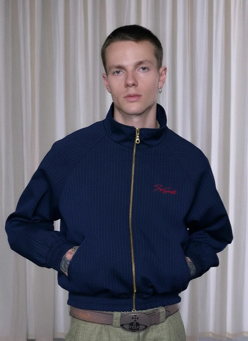 Navy Pinstripe Stand-Collar Zip Jacket - Image 5