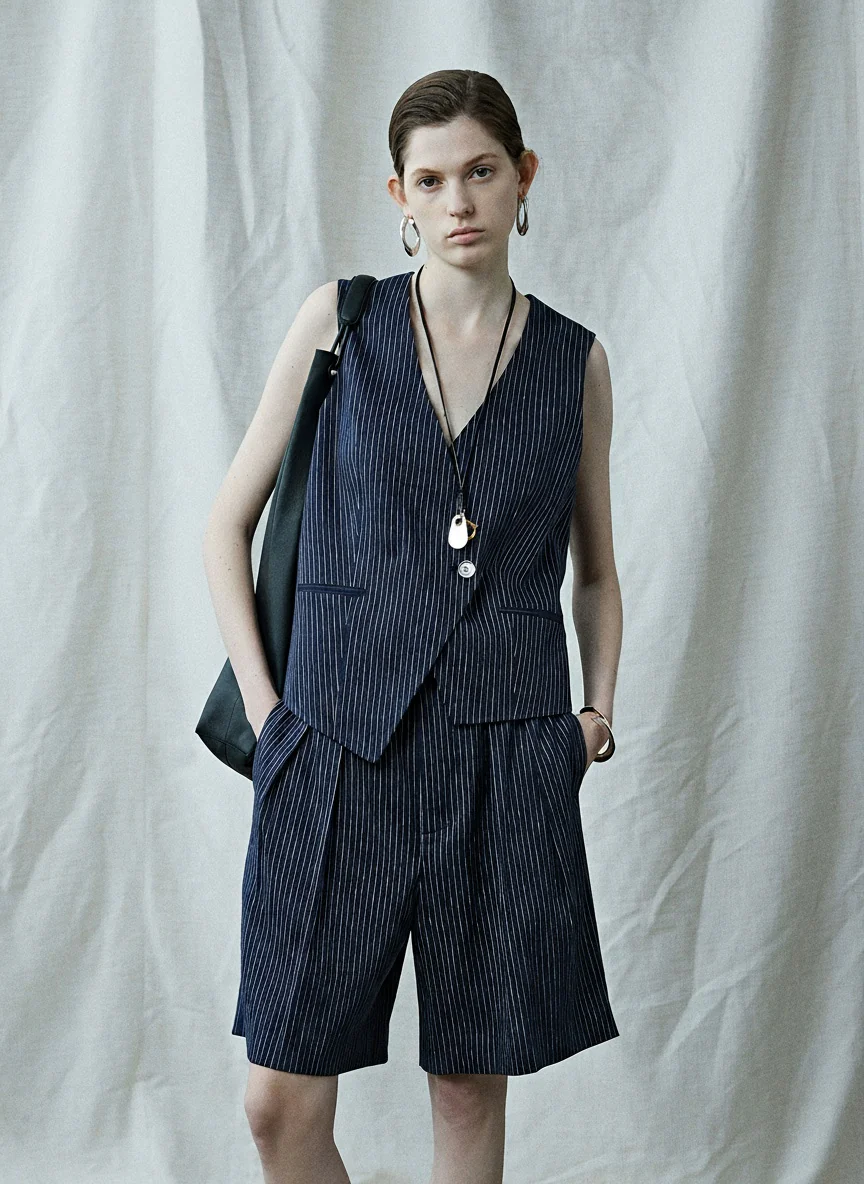 Navy Pinstripe Vest & Bermuda Set
