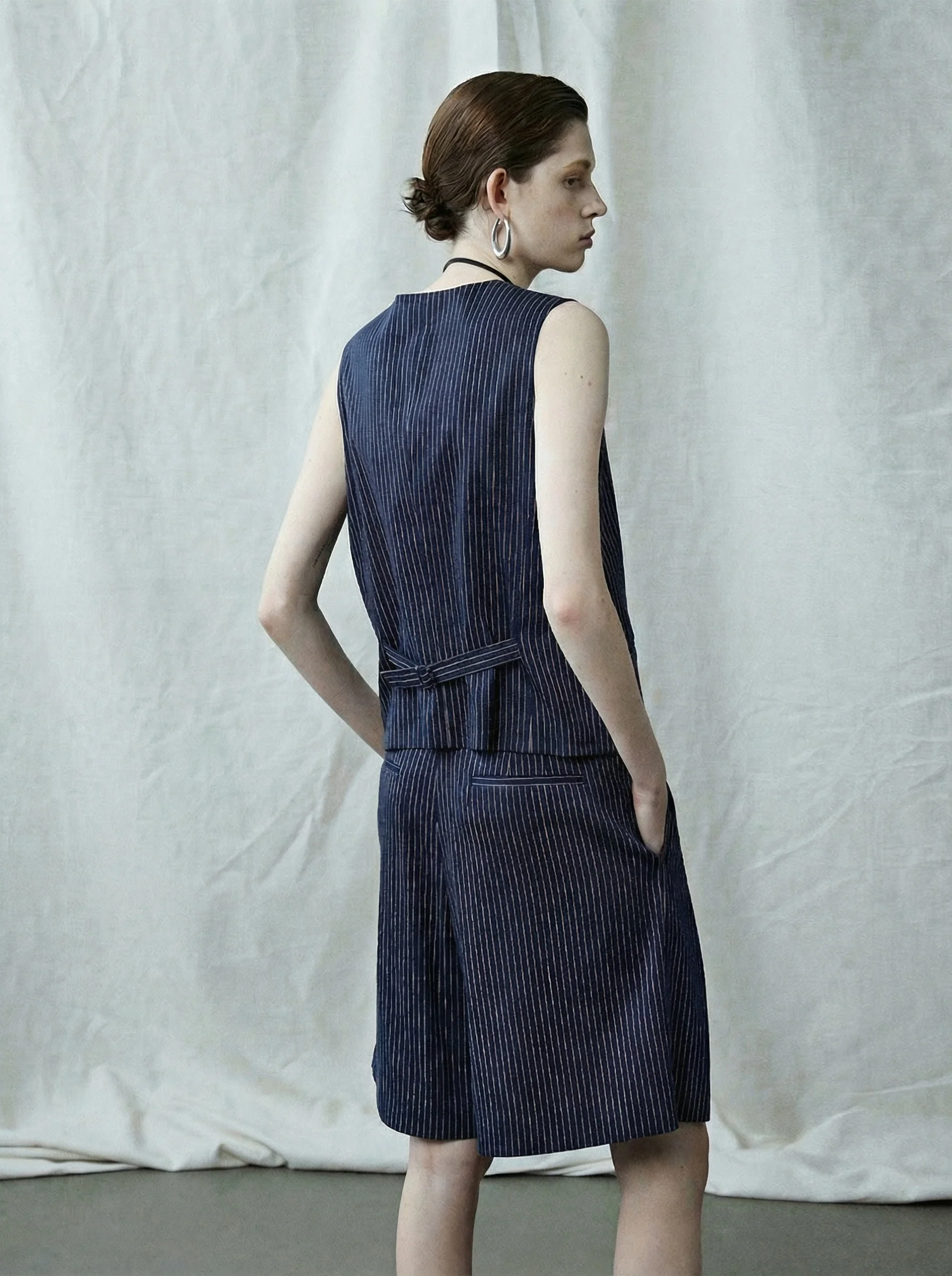 Navy Pinstripe Vest & Bermuda Set - Image 2