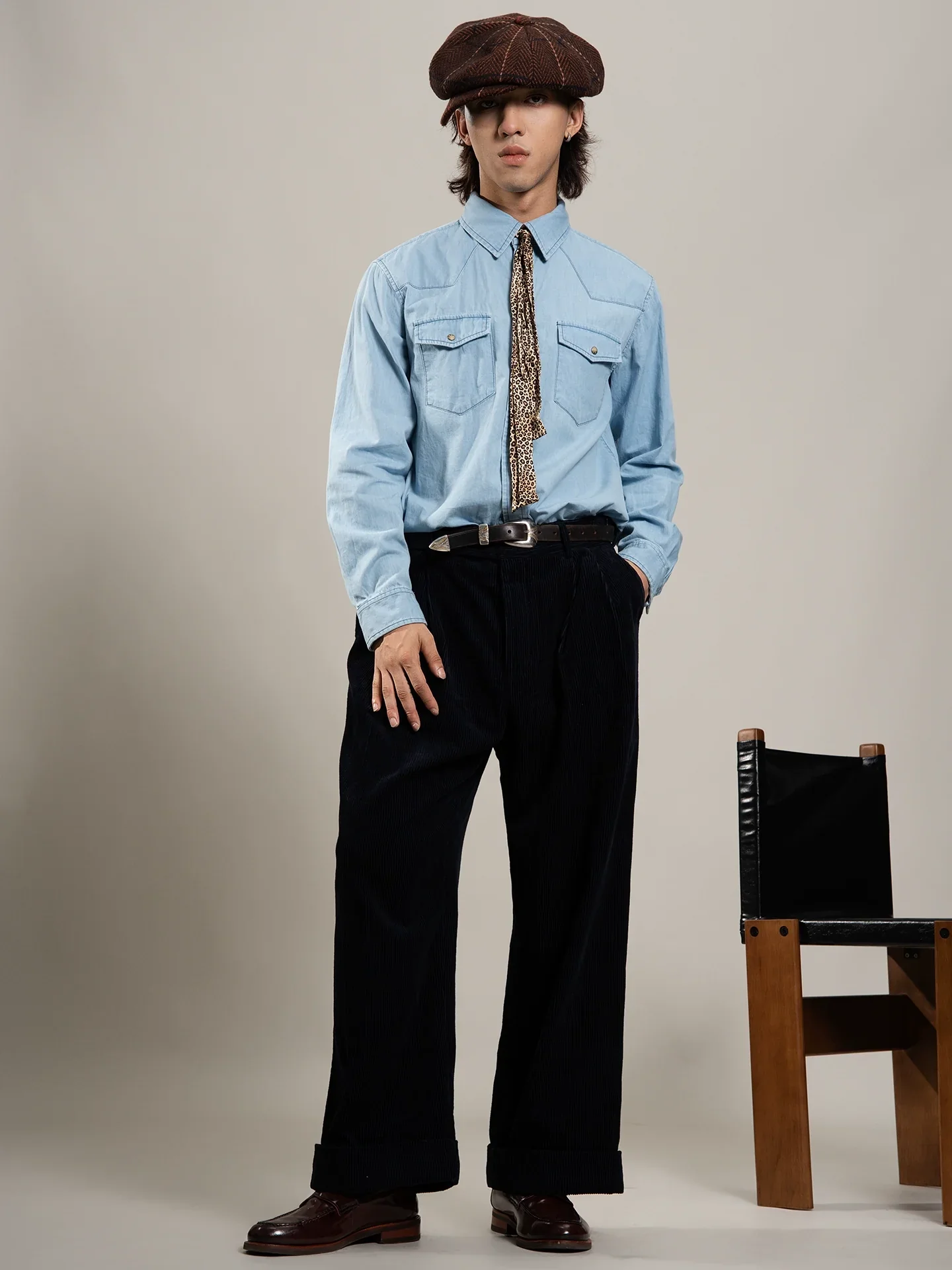 Navy Pleated Wide-Leg Corduroy Trousers - Image 4