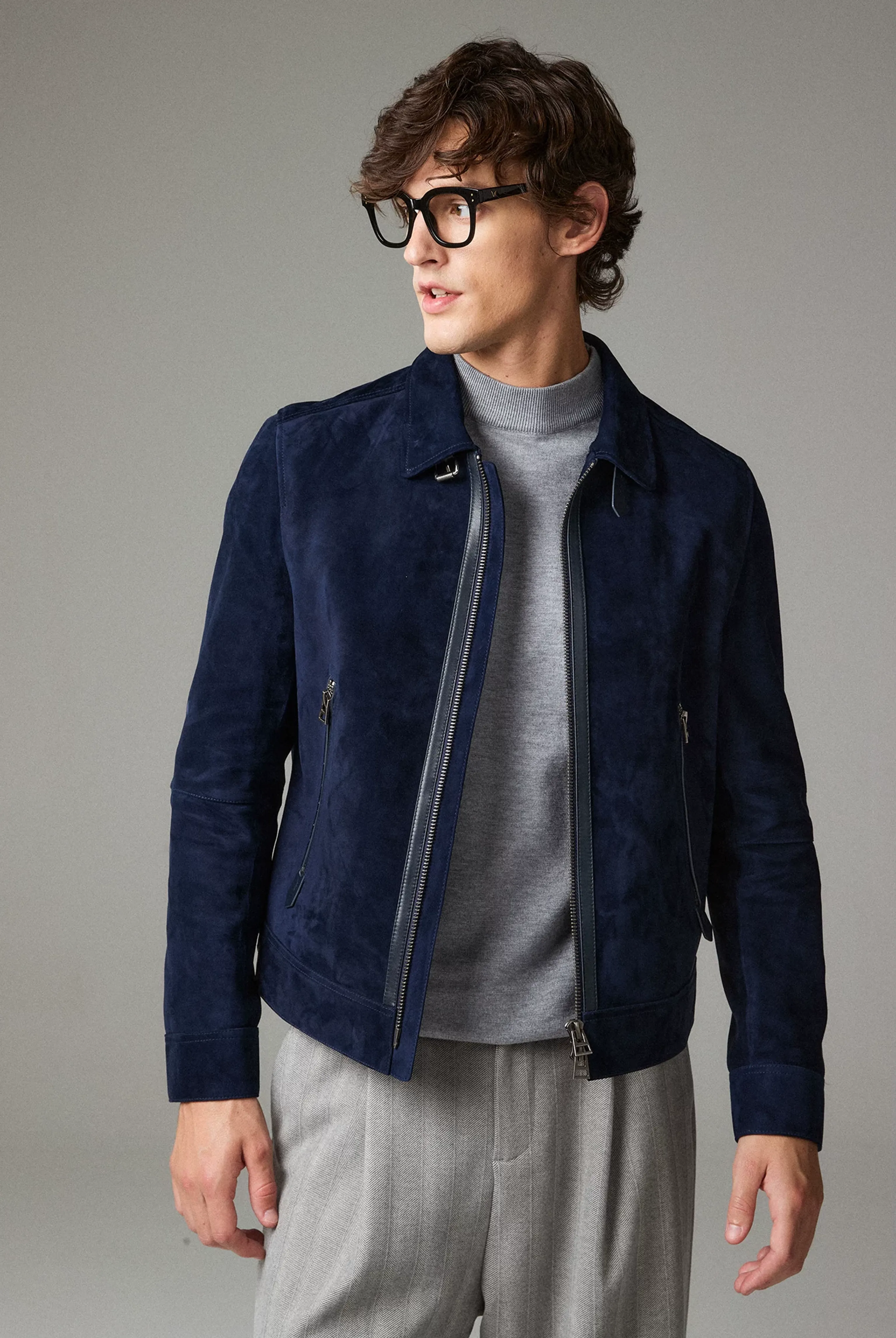 Navy Sheepskin Suede Double-Zip Jacket - Image 3
