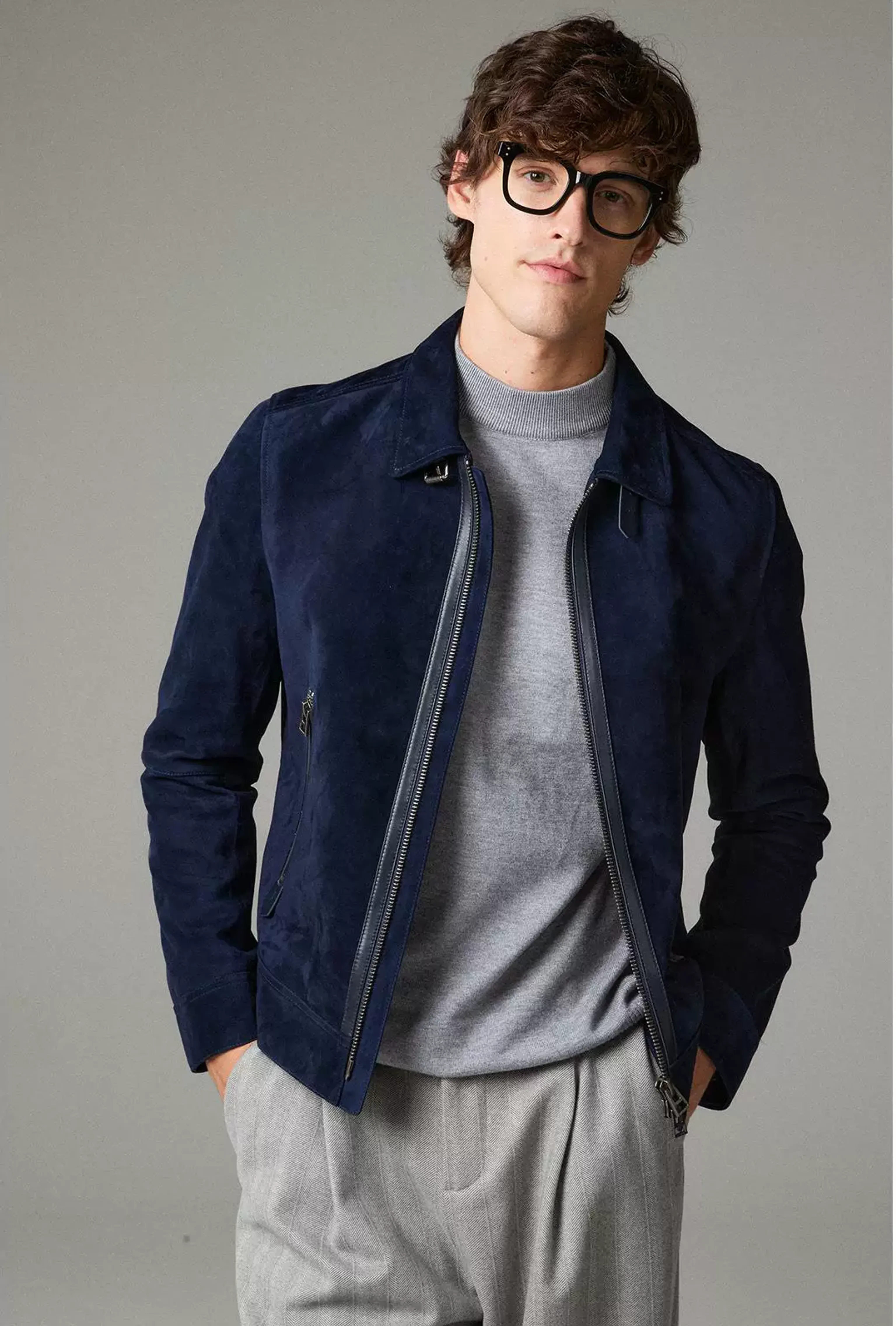 Navy Sheepskin Suede Double-Zip Jacket - Image 5
