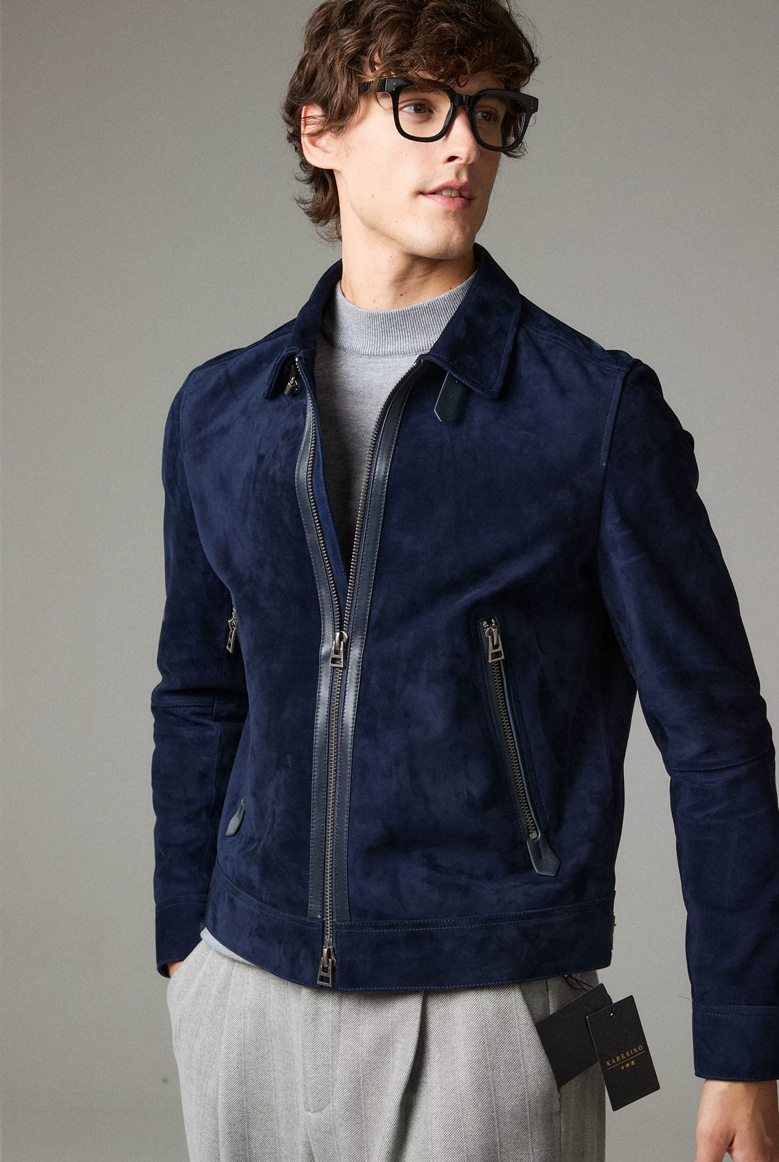 Navy Sheepskin Suede Double-Zip Jacket - Image 6
