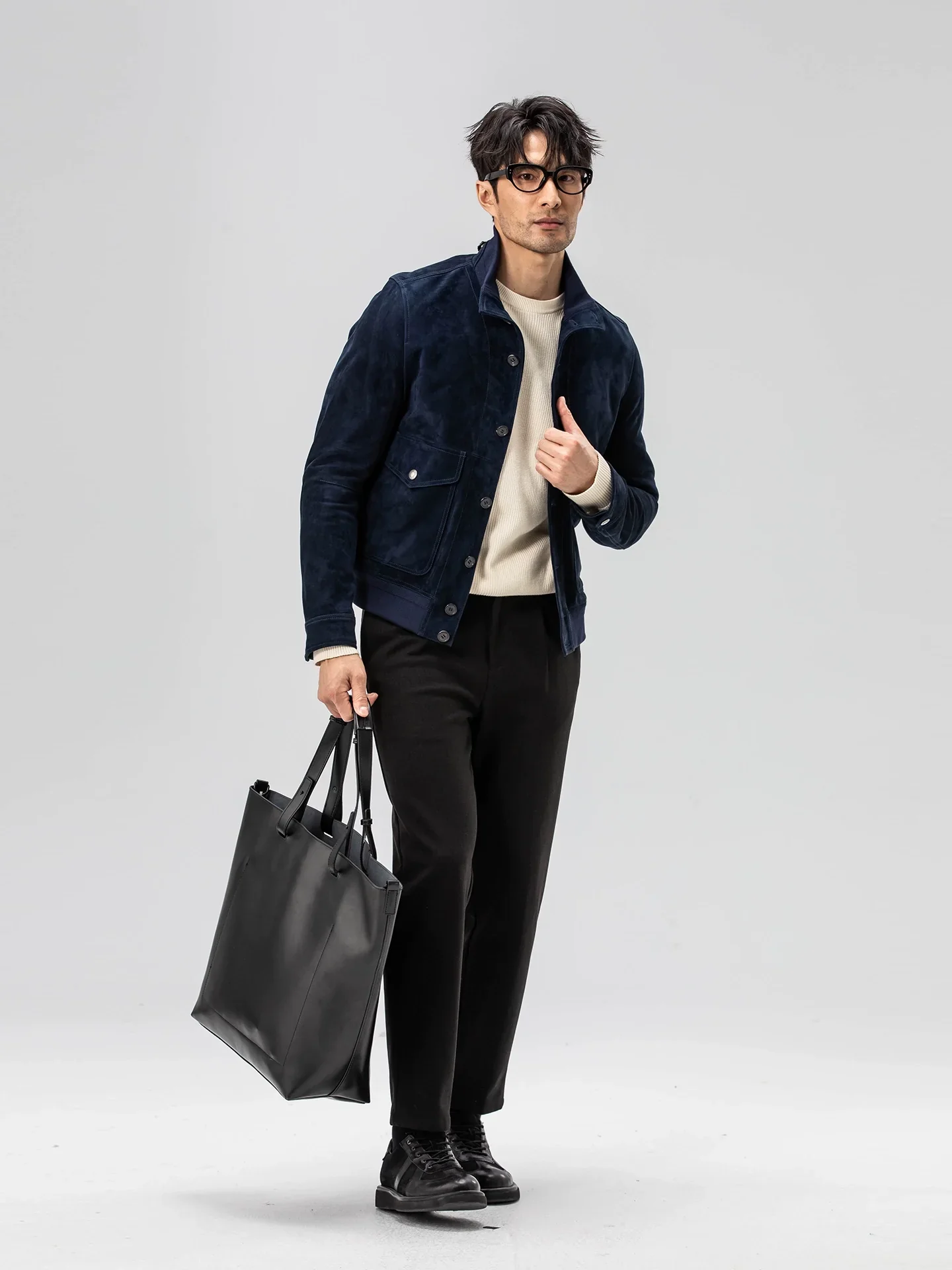 Navy Suede Stand-Collar Jacket - Image 3