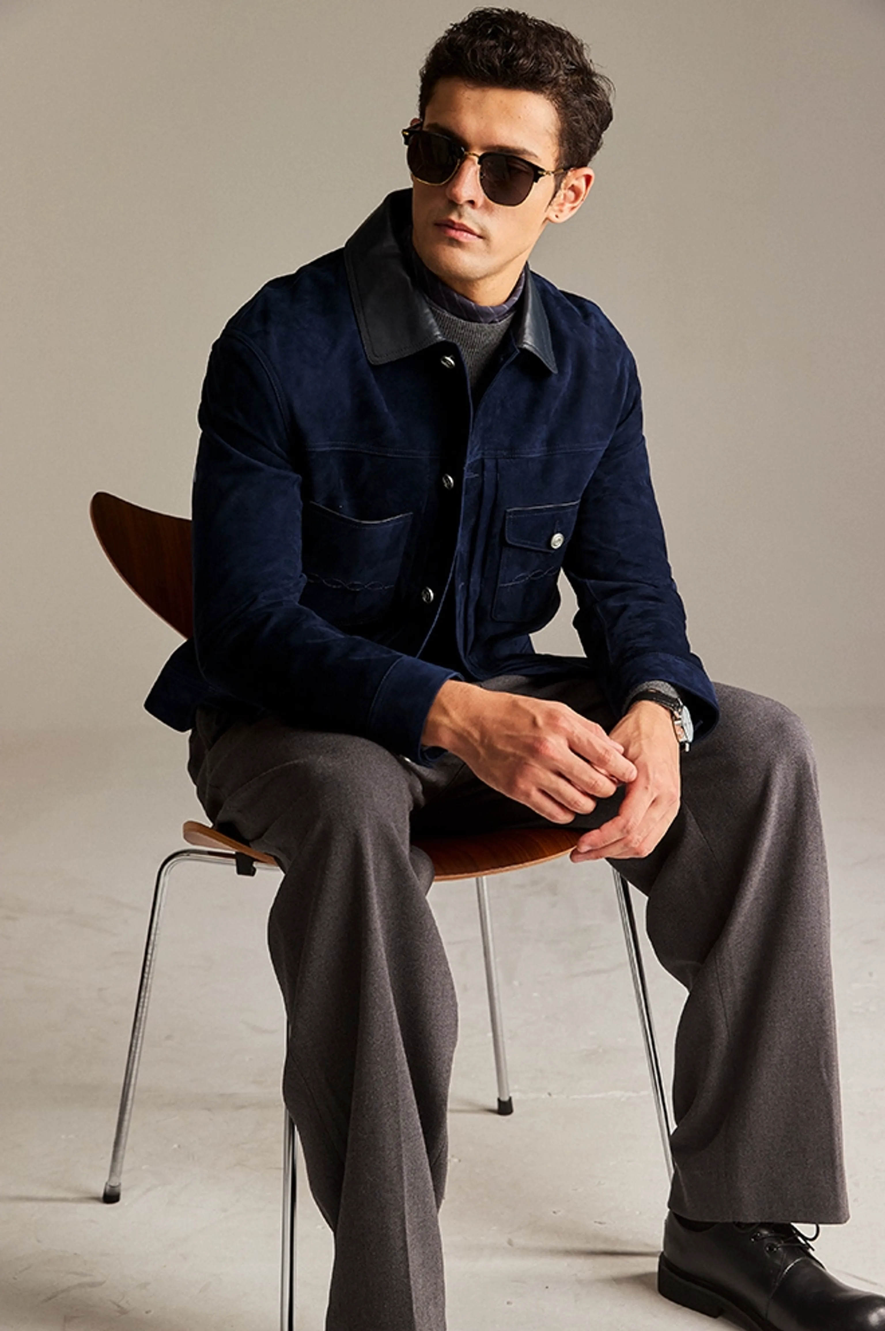 Navy Suede Trucker Jacket - Image 5