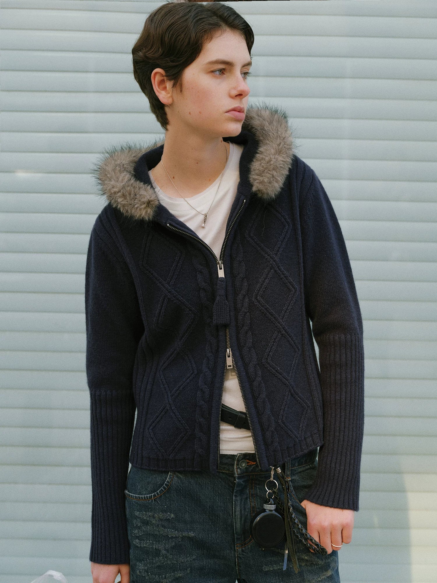 Navy Wool Cable-Knit Zip Hoodie with Detachable Faux-Fur Collar - Image 6