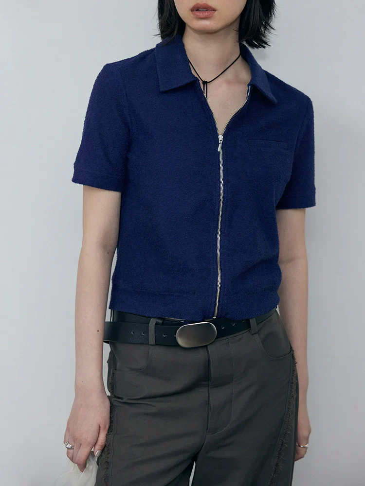 Navy Zip-Up Polo Knit Top - Image 2