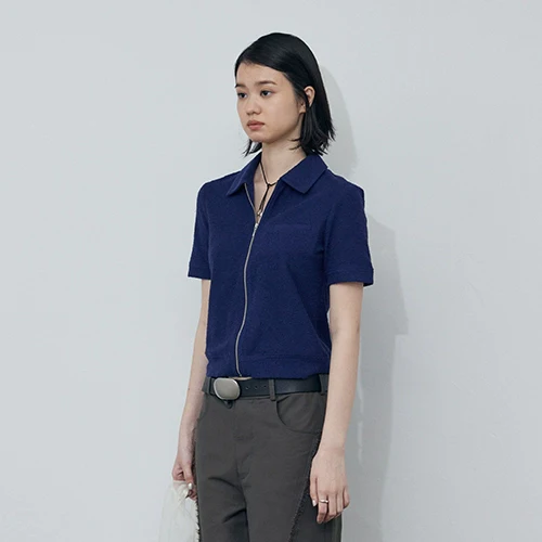 Navy Zip-Up Polo Knit Top - Image 4