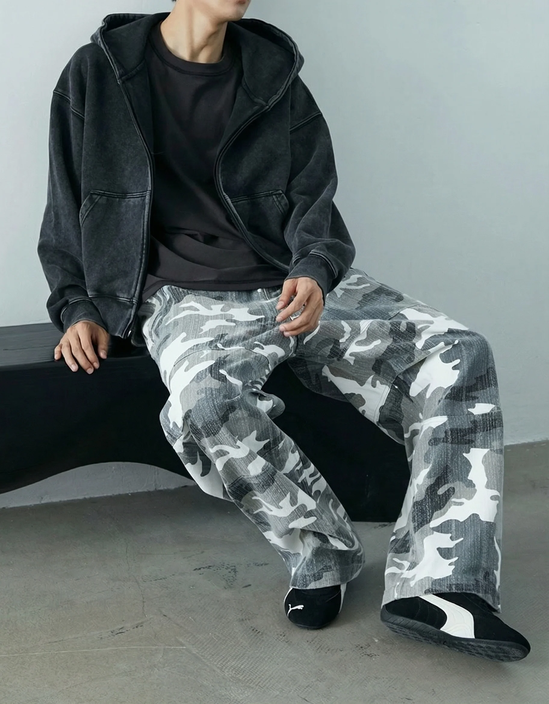 Needle-Punched Camo Wide-Leg Pants