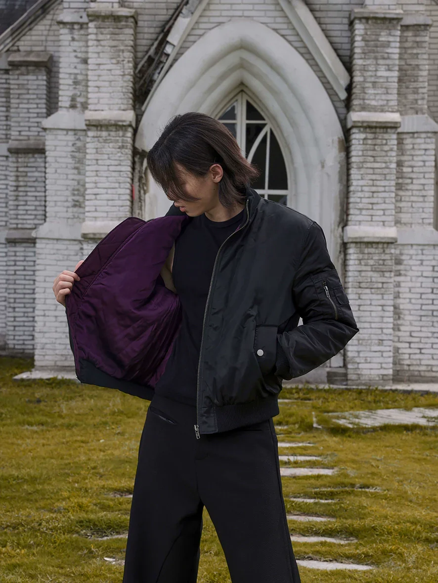 Night Black High-Collar Bomber Jacket