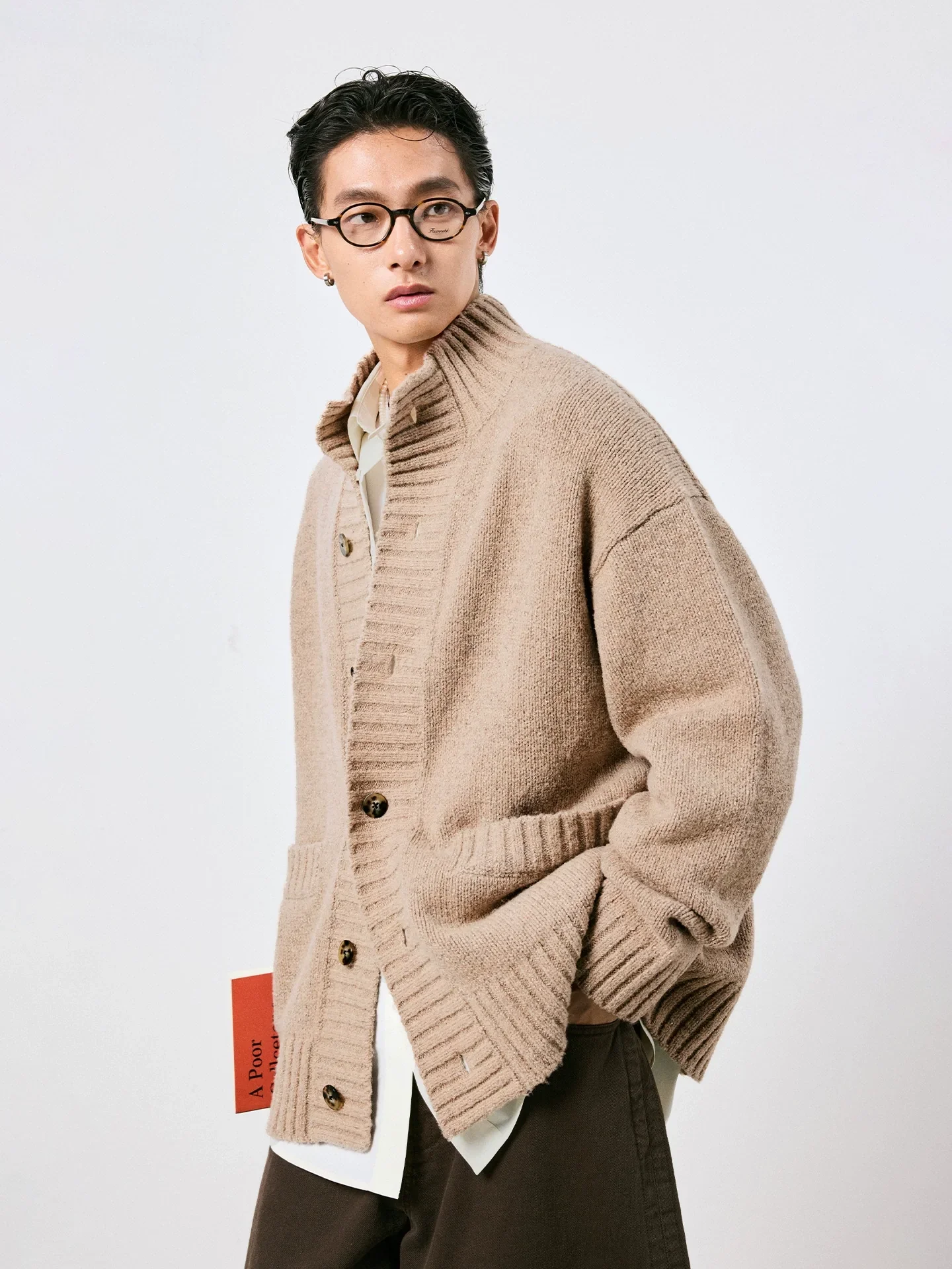 Oatmeal Ribbed Stand-Collar Cardigan - Image 3