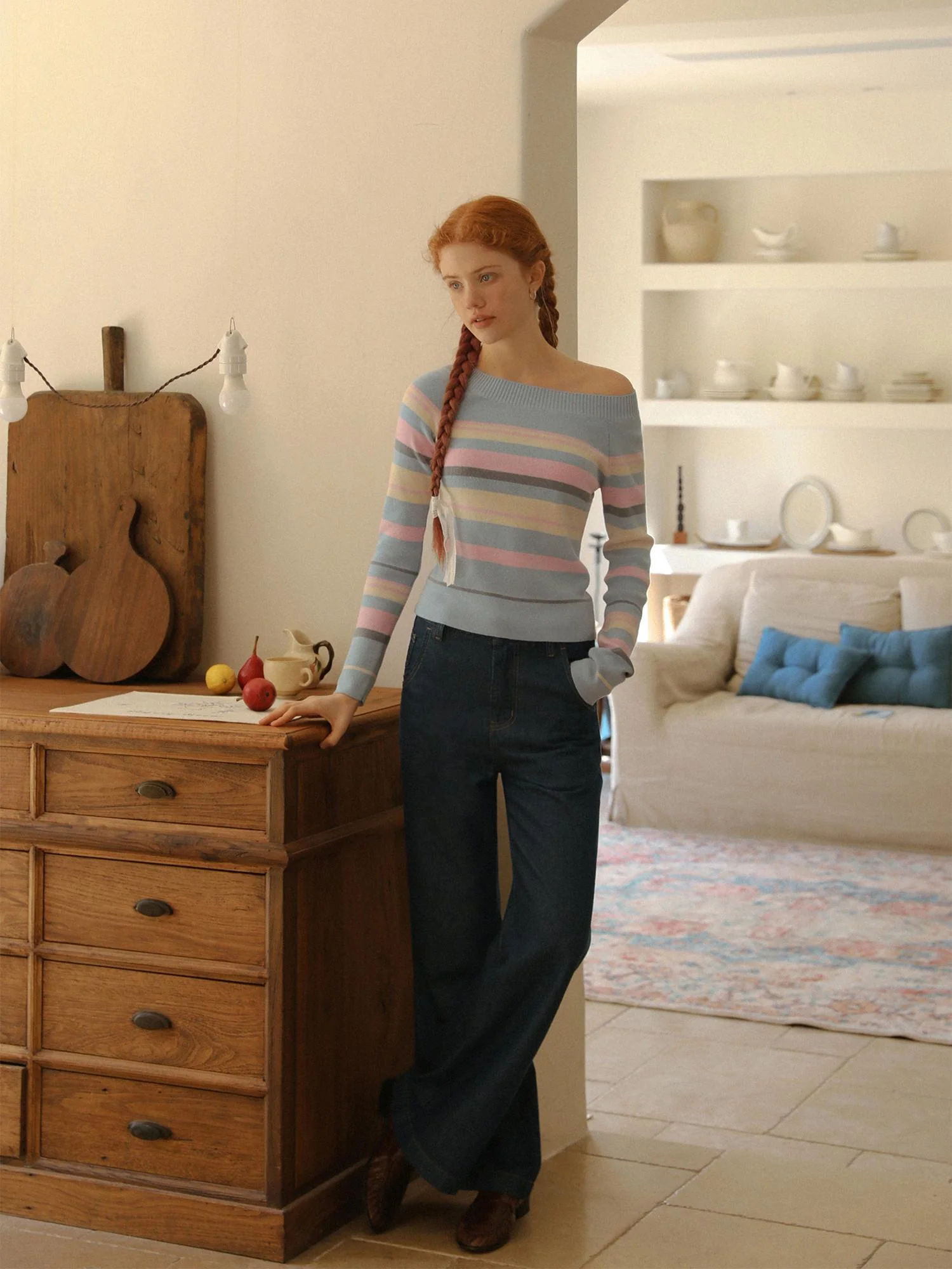 Oblique Shoulder Striped Knit Sweater - Image 5