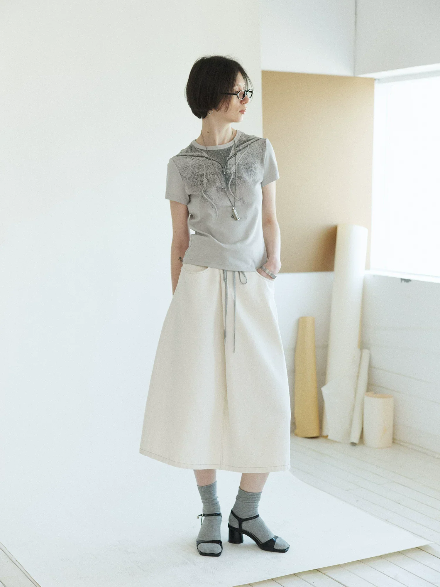 Off-White Drawstring Denim Midi Skirt - Image 3