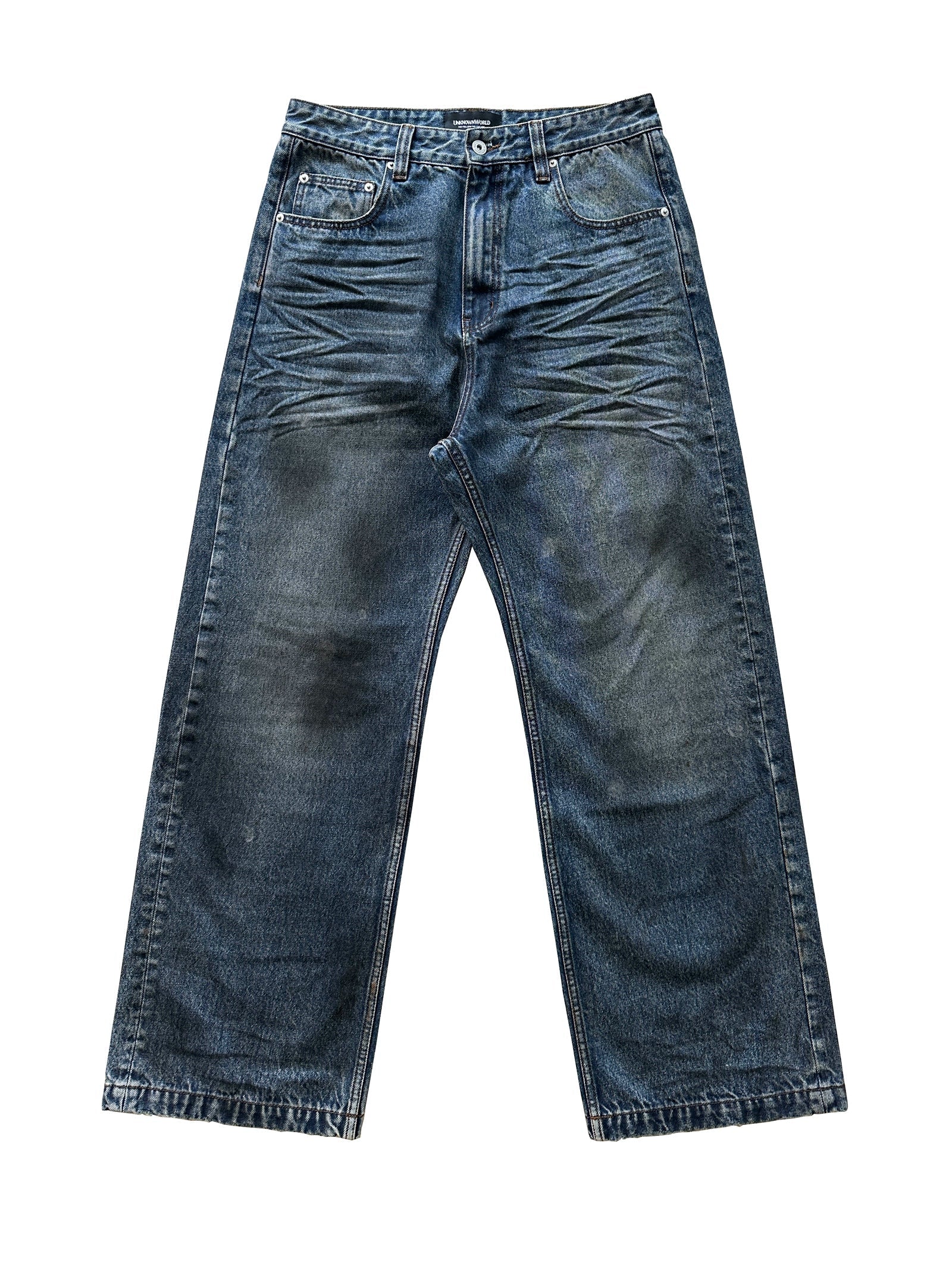 Oil-Stained Distressed Straight Jeans
