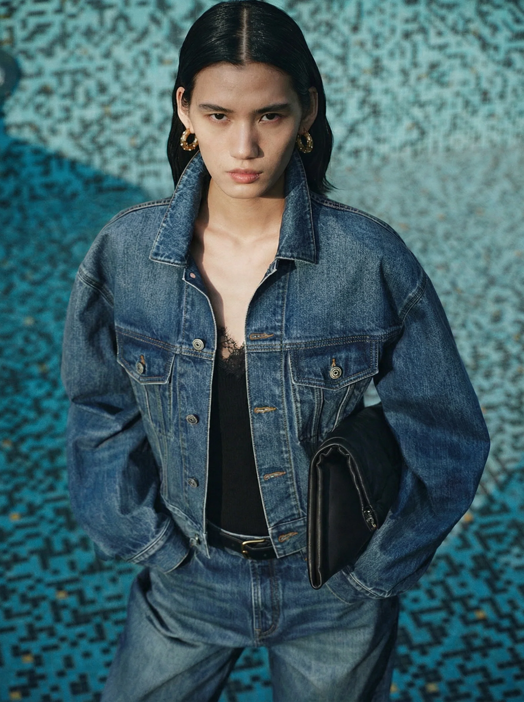 Okayama Washed Denim Cropped Jacket & Wide-Leg Jeans Set - Image 4