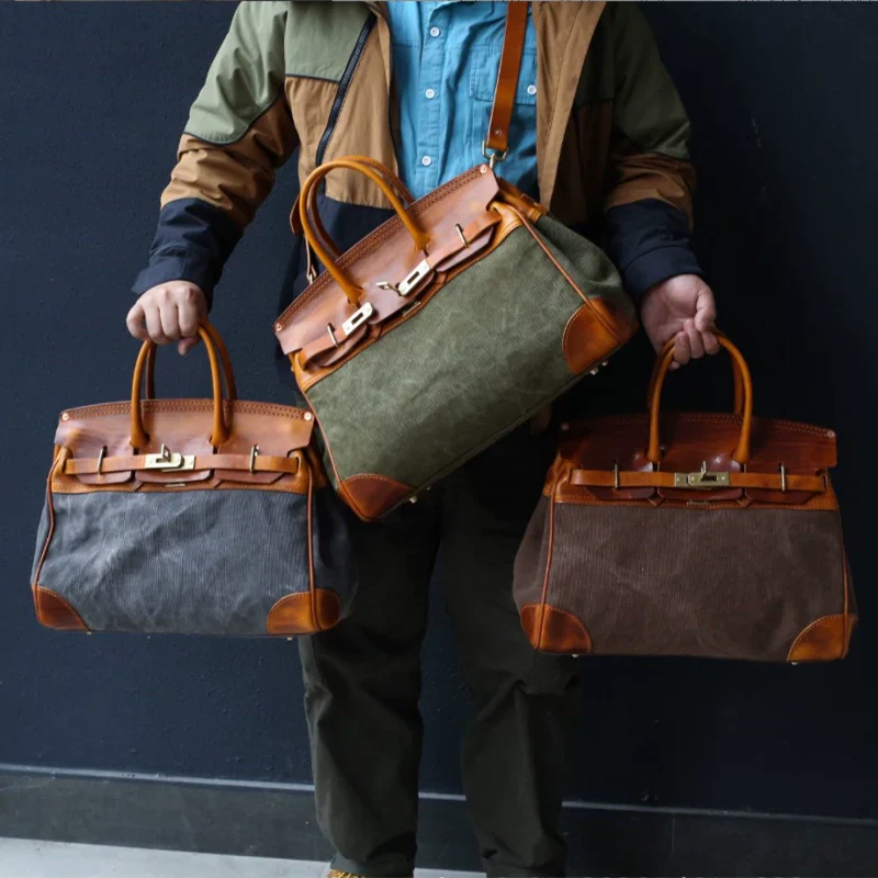Olive Canvas and Leather Top-Handle Bag