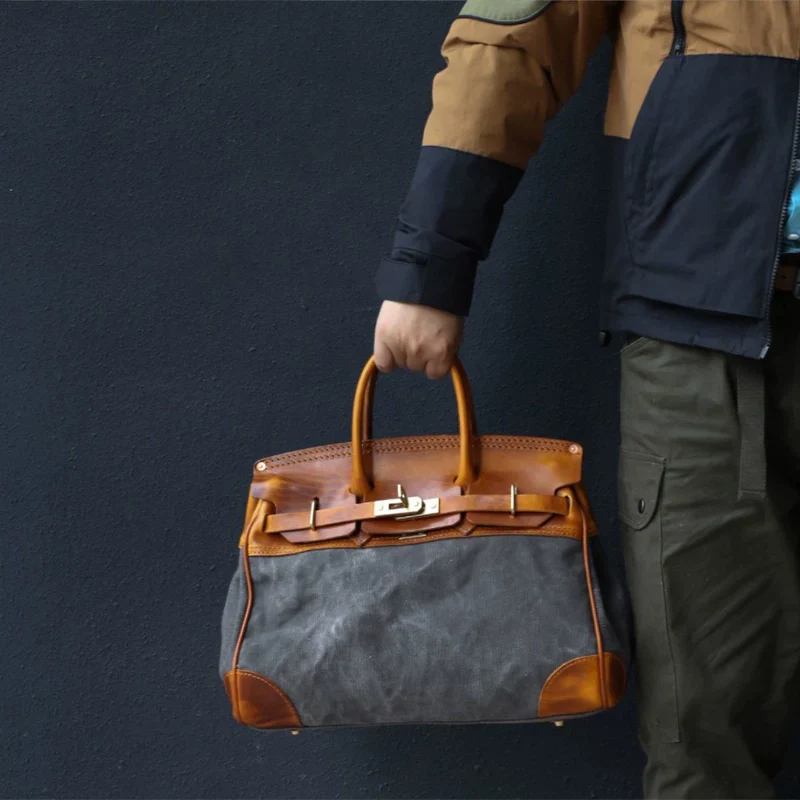 Olive Canvas and Leather Top-Handle Bag - Image 2