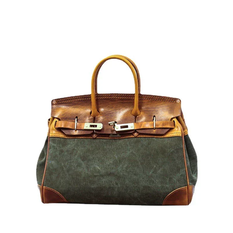 Olive Canvas and Leather Top-Handle Bag - Image 3