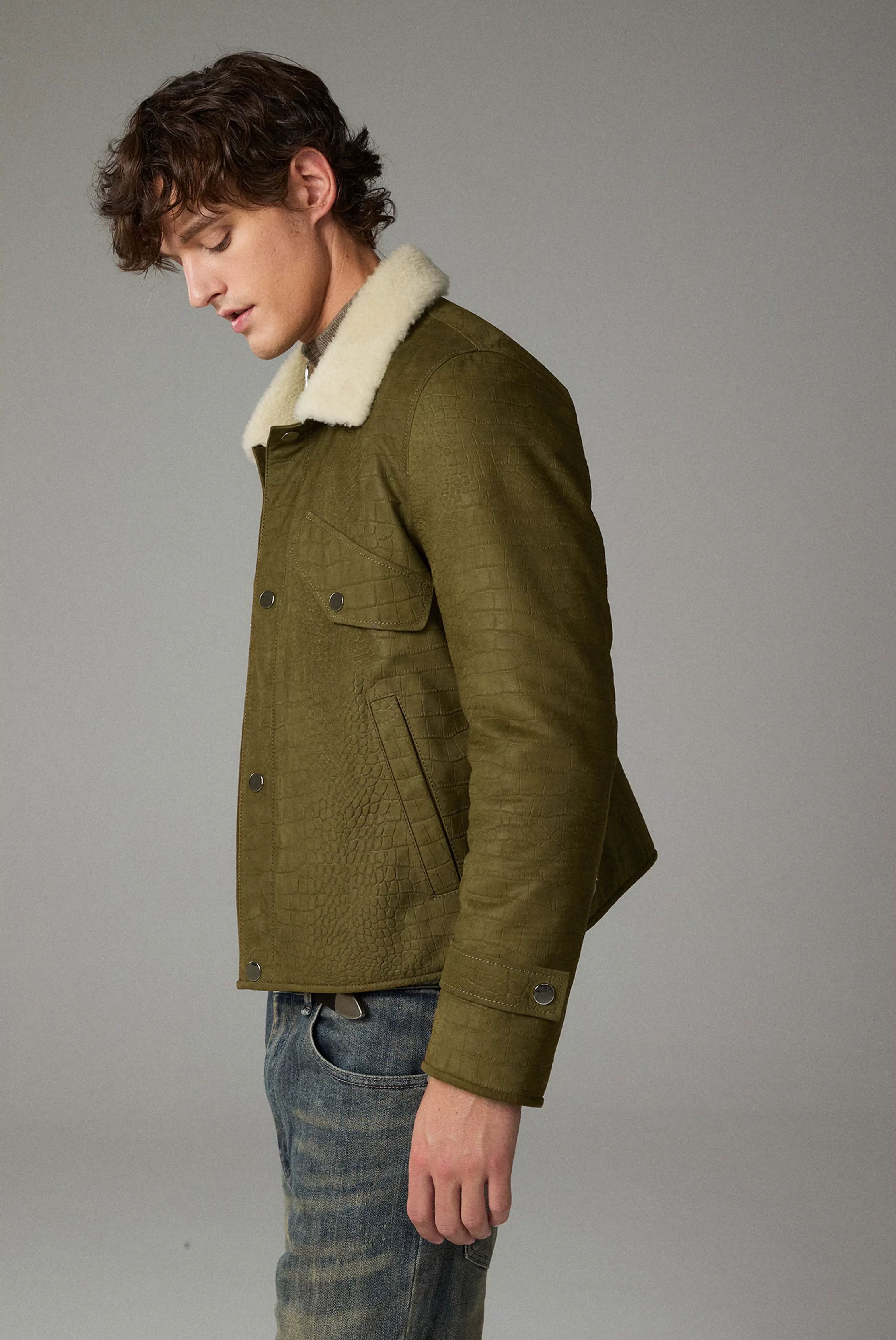 Olive Croc-Embossed Leather Trucker Jacket - Image 5