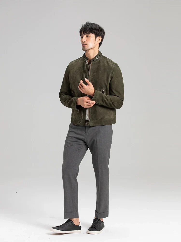 Olive Goat Suede Racer Jacket - Image 2