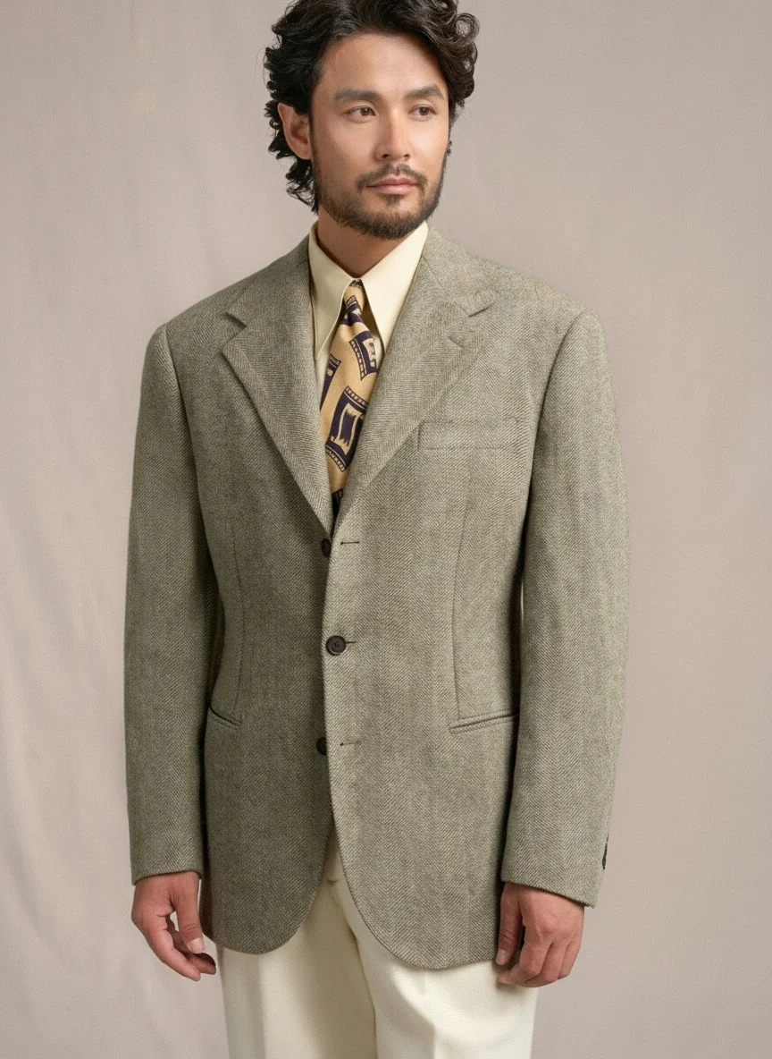 Olive Herringbone Merino Blazer - Image 4