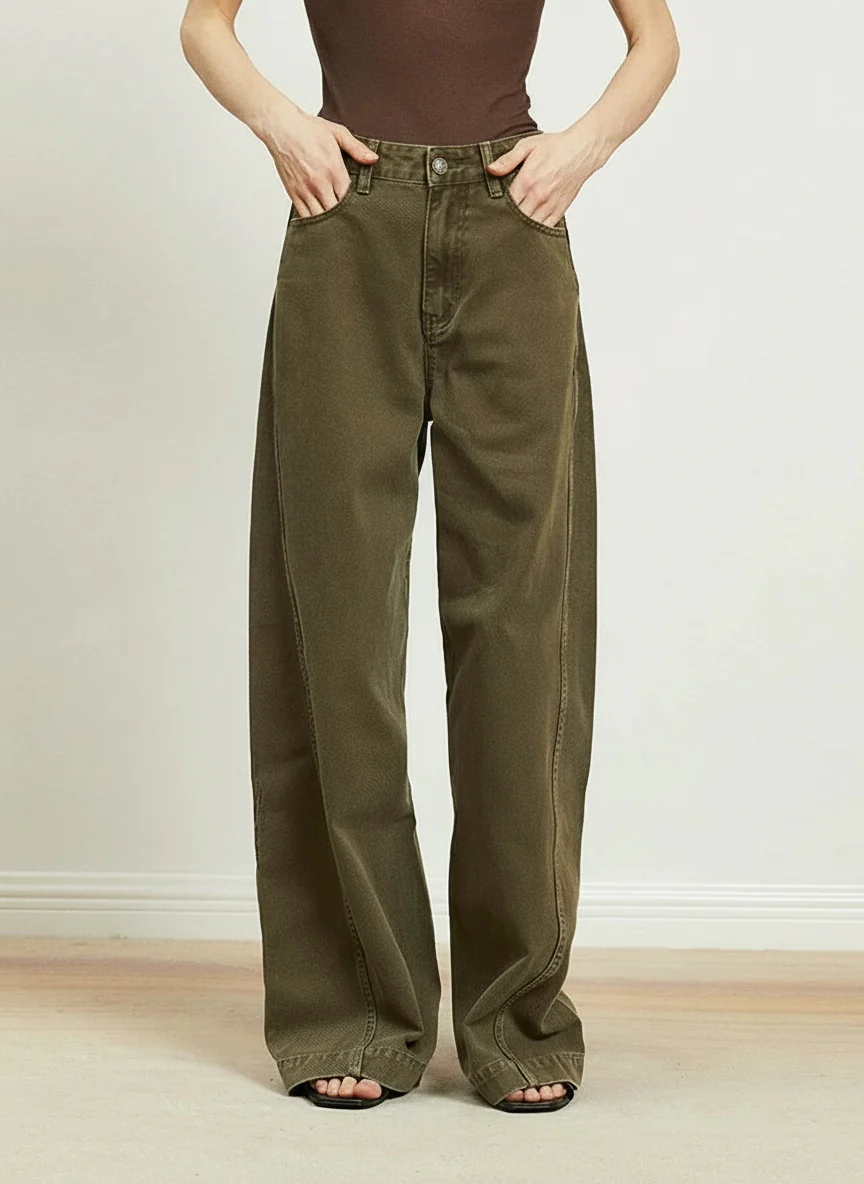 Olive High-Rise Wide-Leg Jeans - Image 2