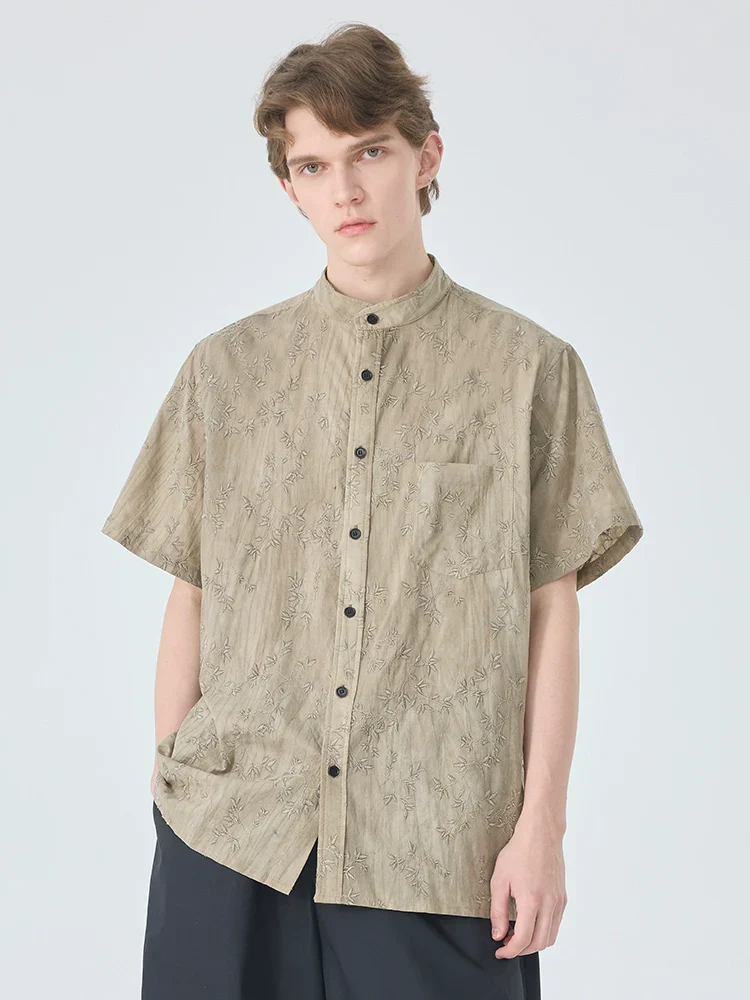 Olive Mandarin Collar Embroidered Shirt