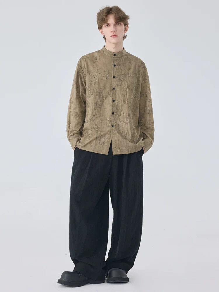 Olive Mandarin Collar Embroidered Shirt - Image 3