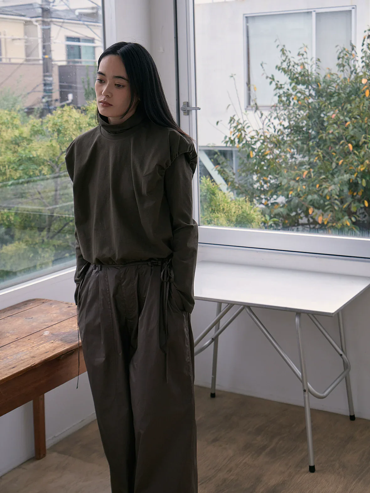 Olive Puff-Sleeve Layered Set