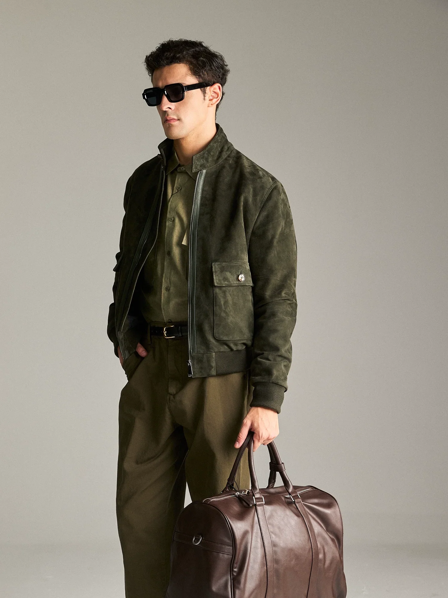 Olive Suede Sheepskin Bomber Jacket