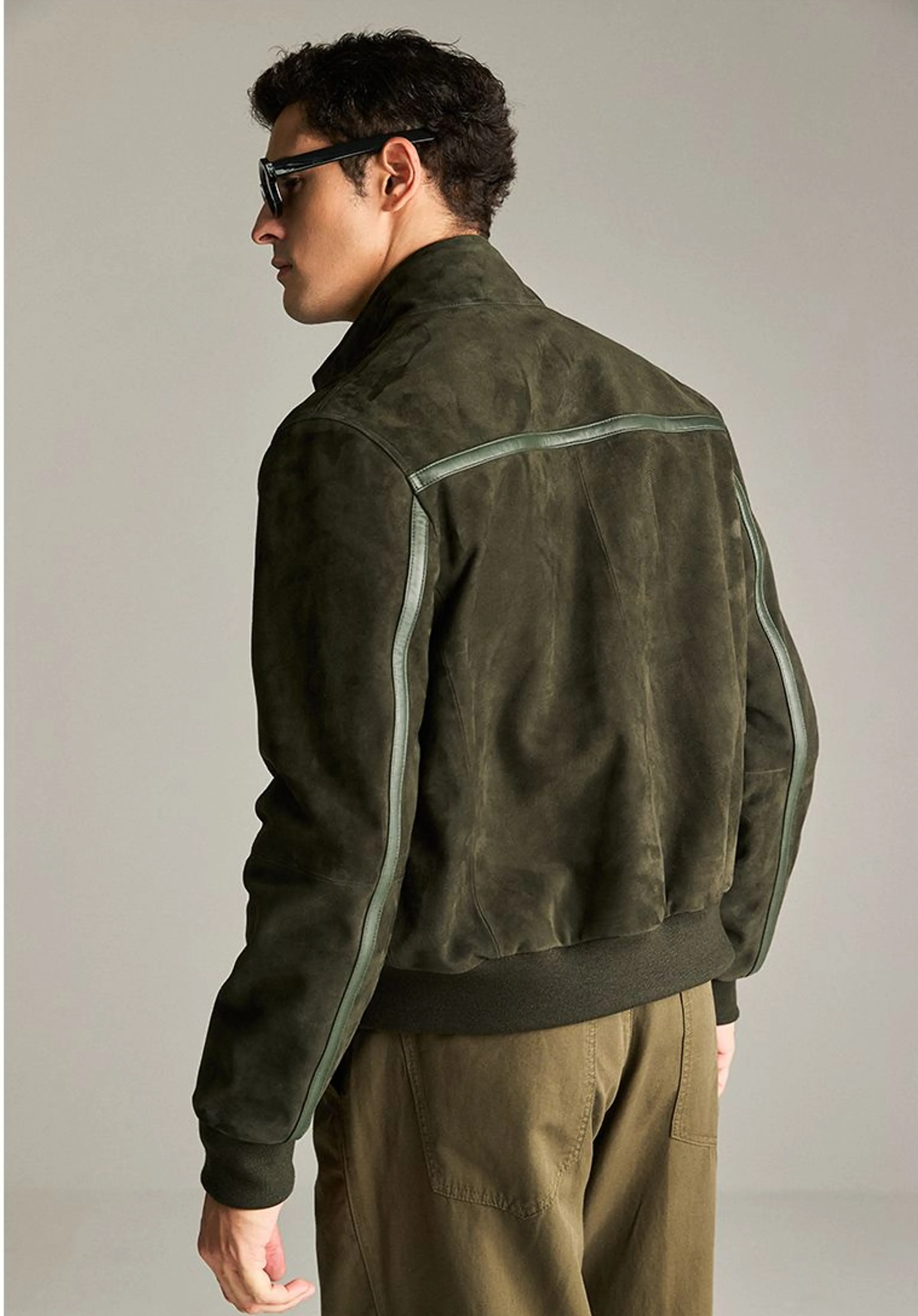Olive Suede Sheepskin Bomber Jacket - Image 4