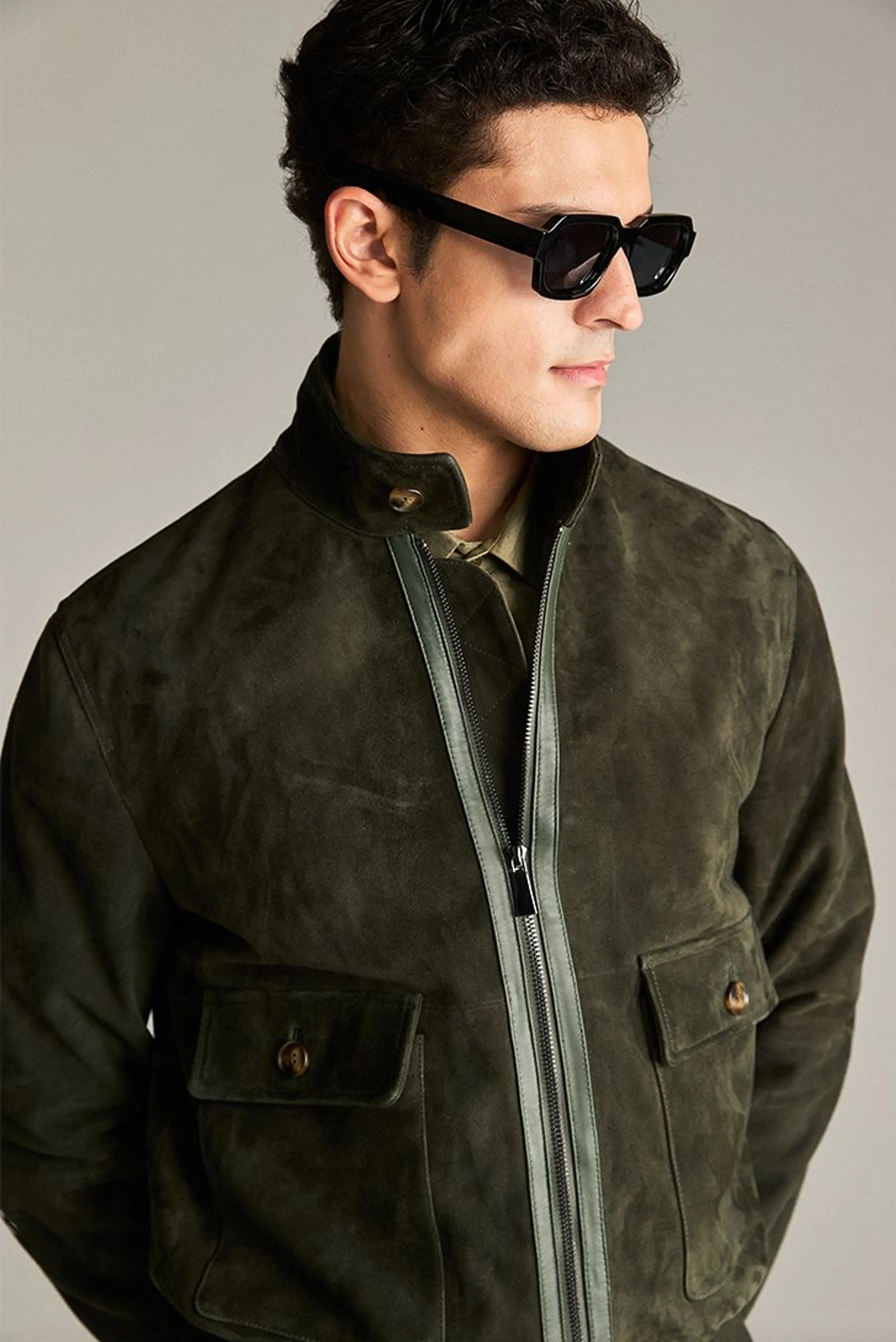 Olive Suede Sheepskin Bomber Jacket - Image 5