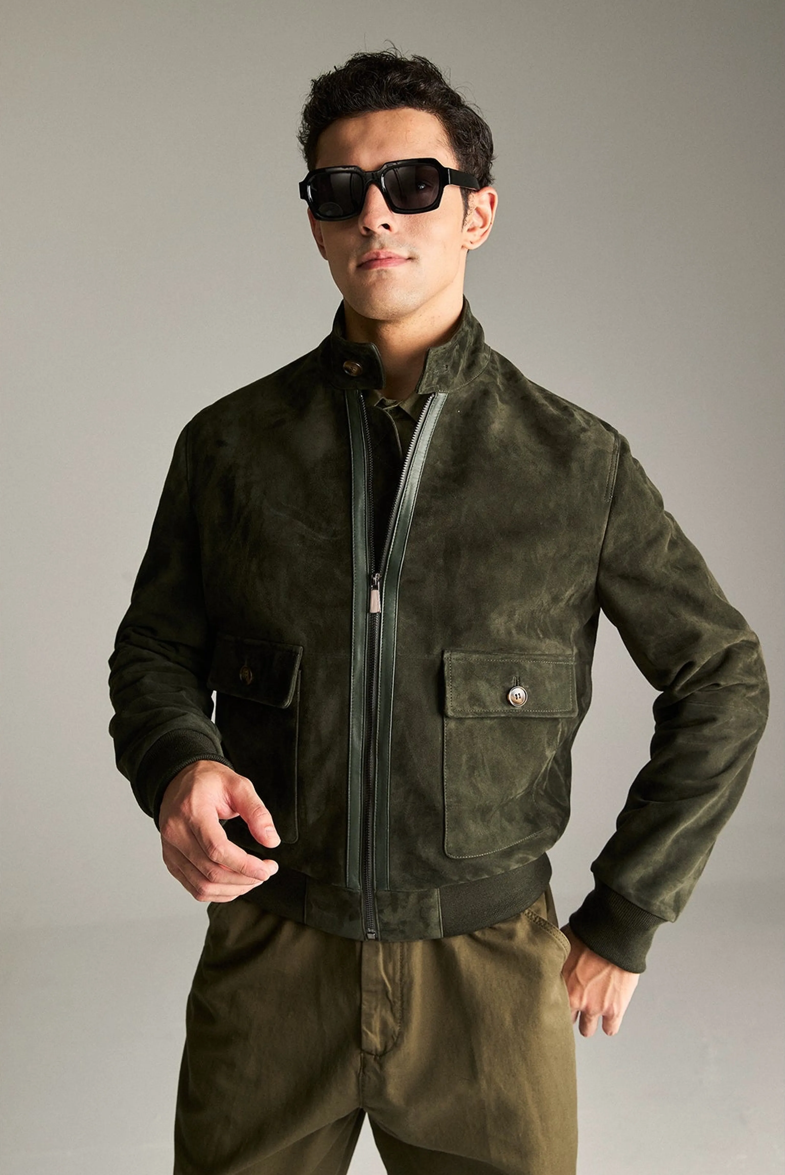 Olive Suede Sheepskin Bomber Jacket - Image 6