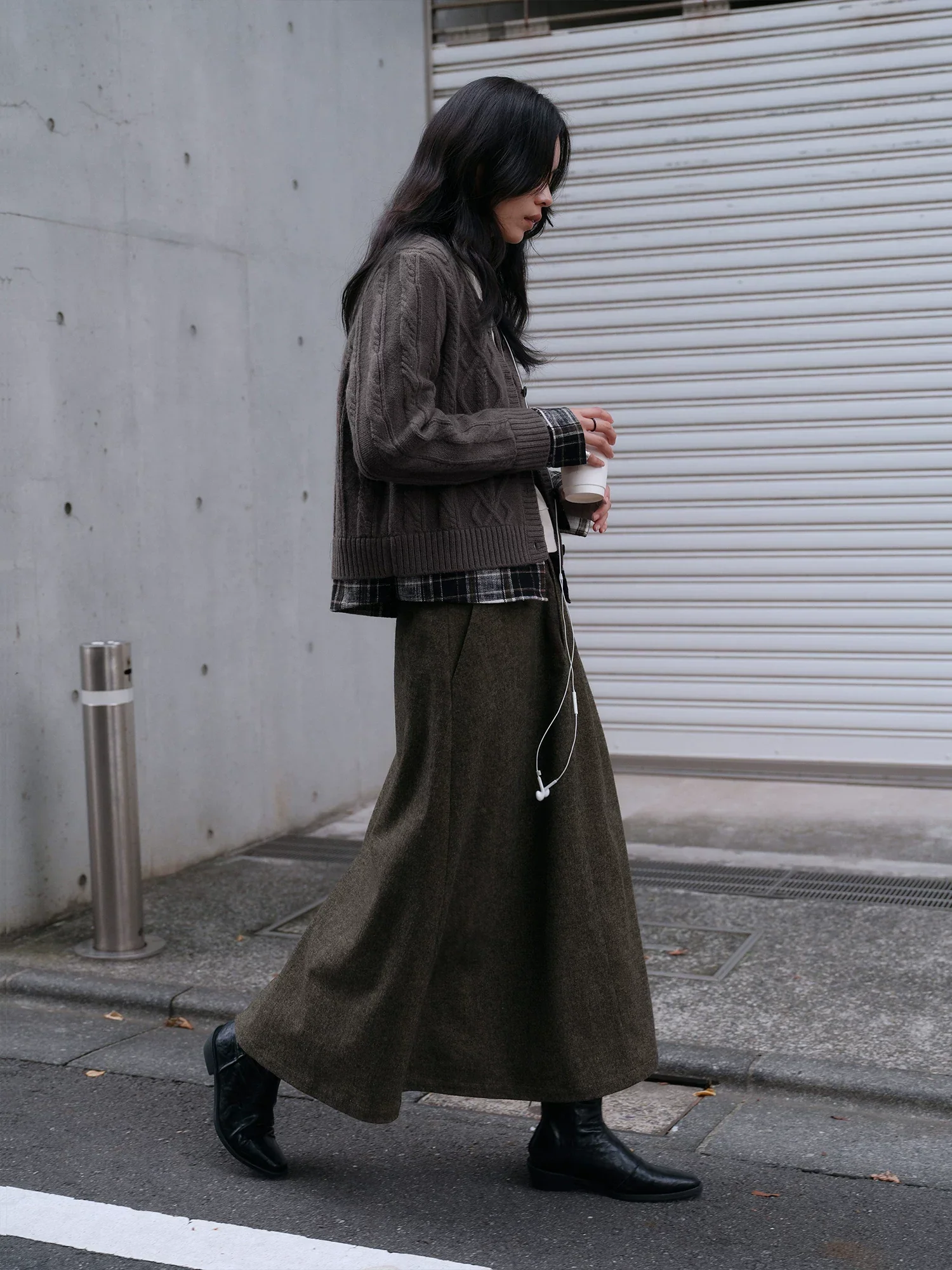 Olive Wool-Blend A-Line Maxi Skirt - Image 3