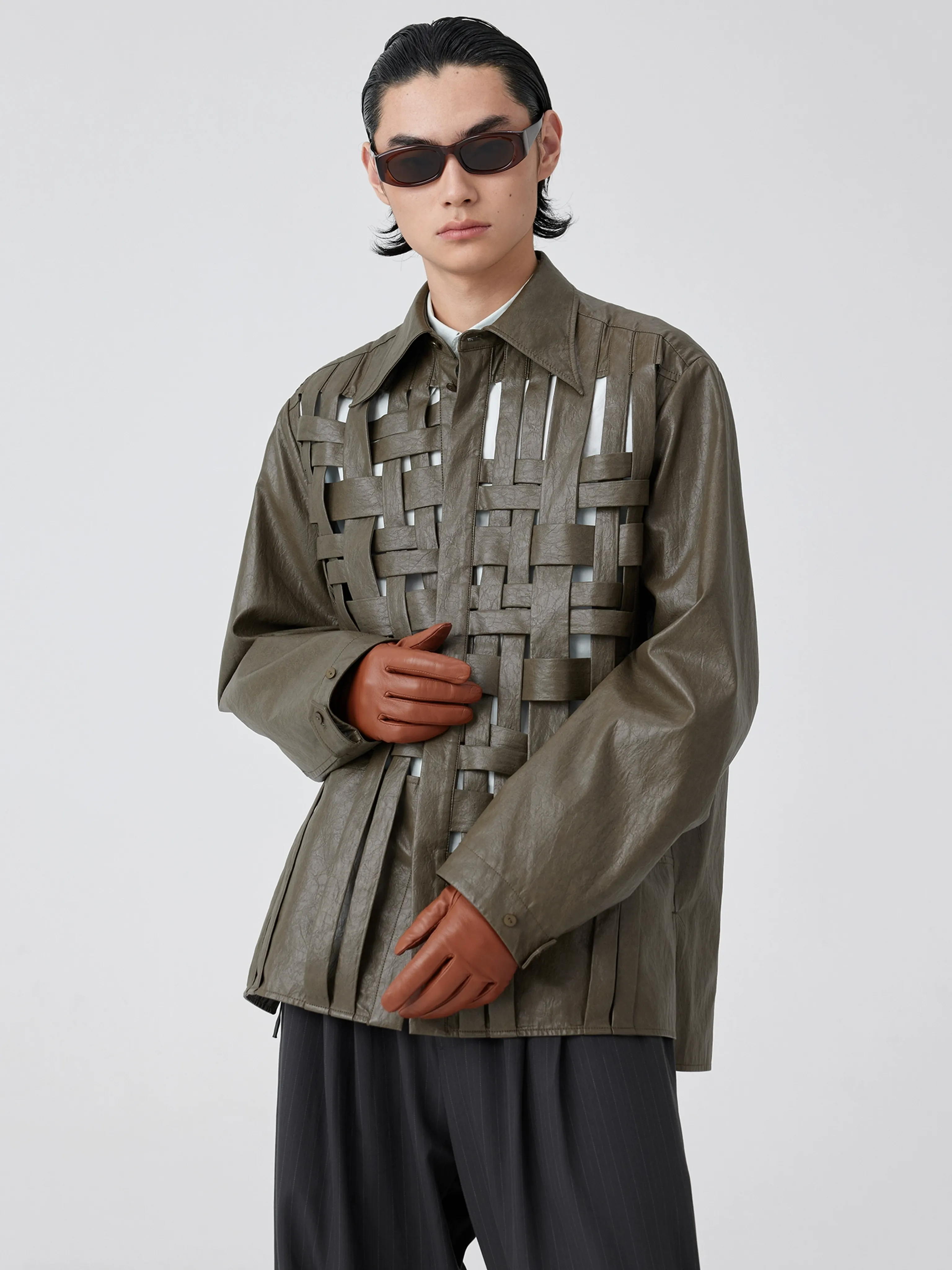 Olive Woven Leather Jacket - Image 6