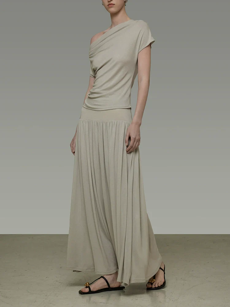One-Shoulder Draped Top & Pleated Skirt Set