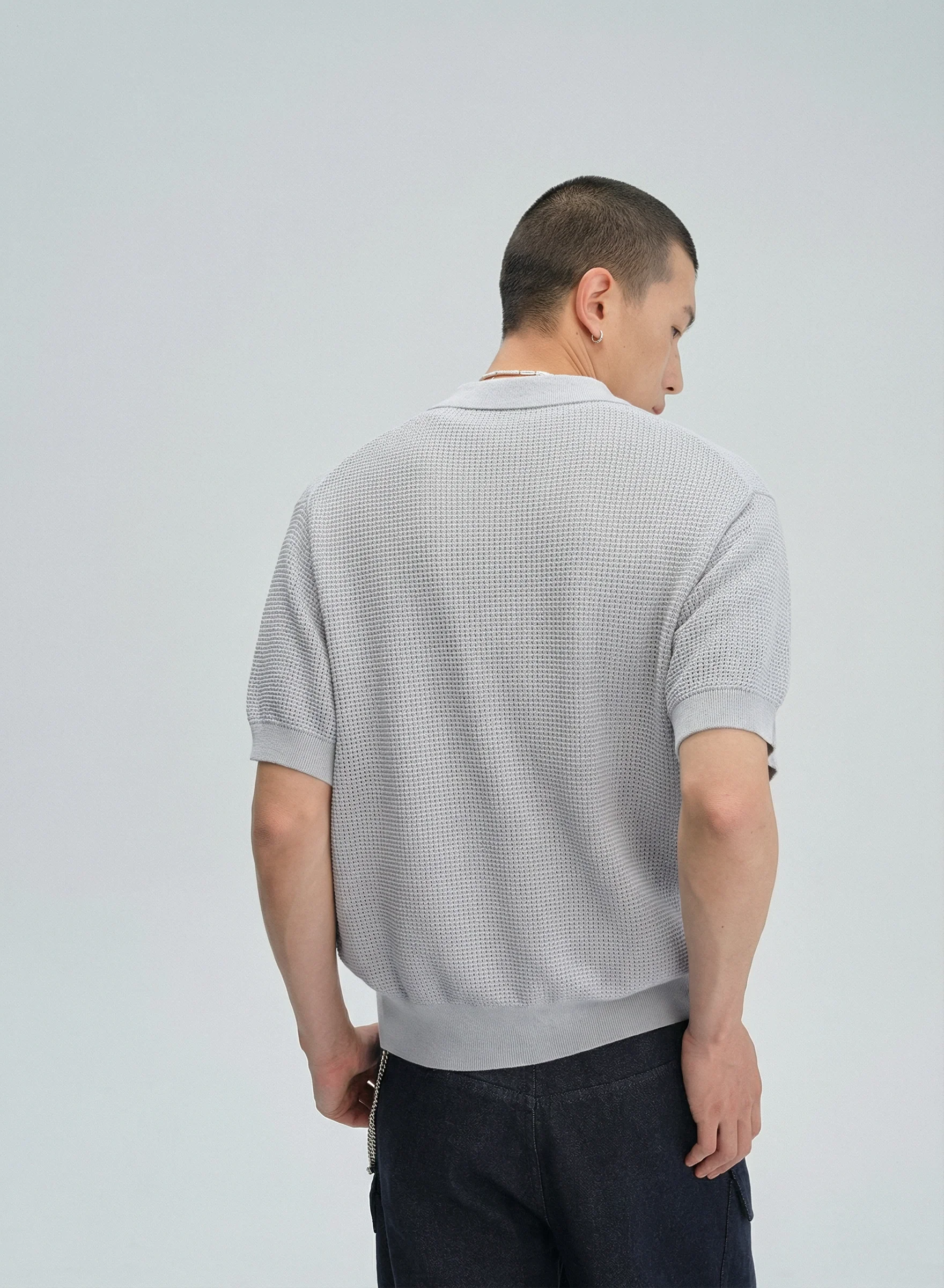 Open-Knit Button Polo Shirt - Image 3