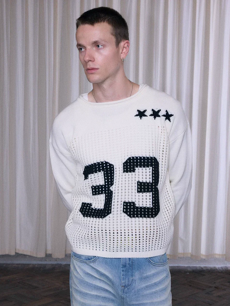 Open-Mesh Number Wool-Blend Crewneck