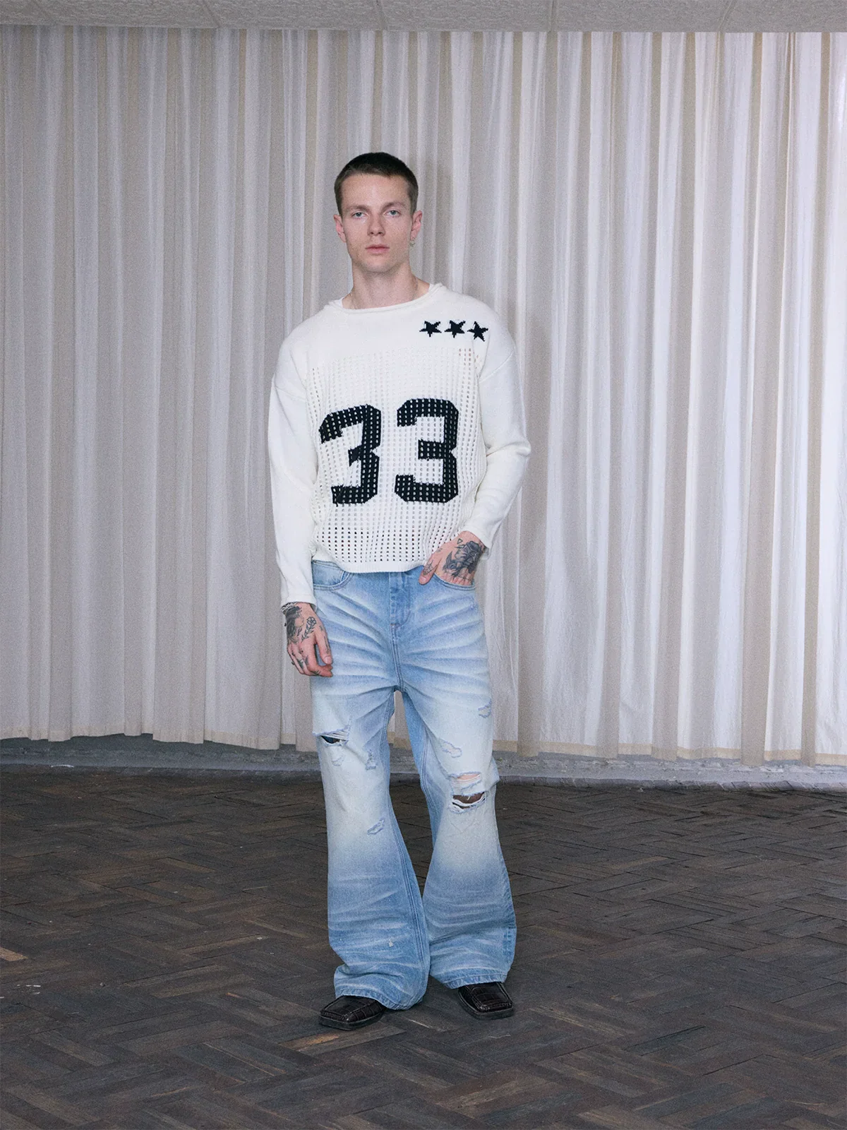 Open-Mesh Number Wool-Blend Crewneck - Image 2