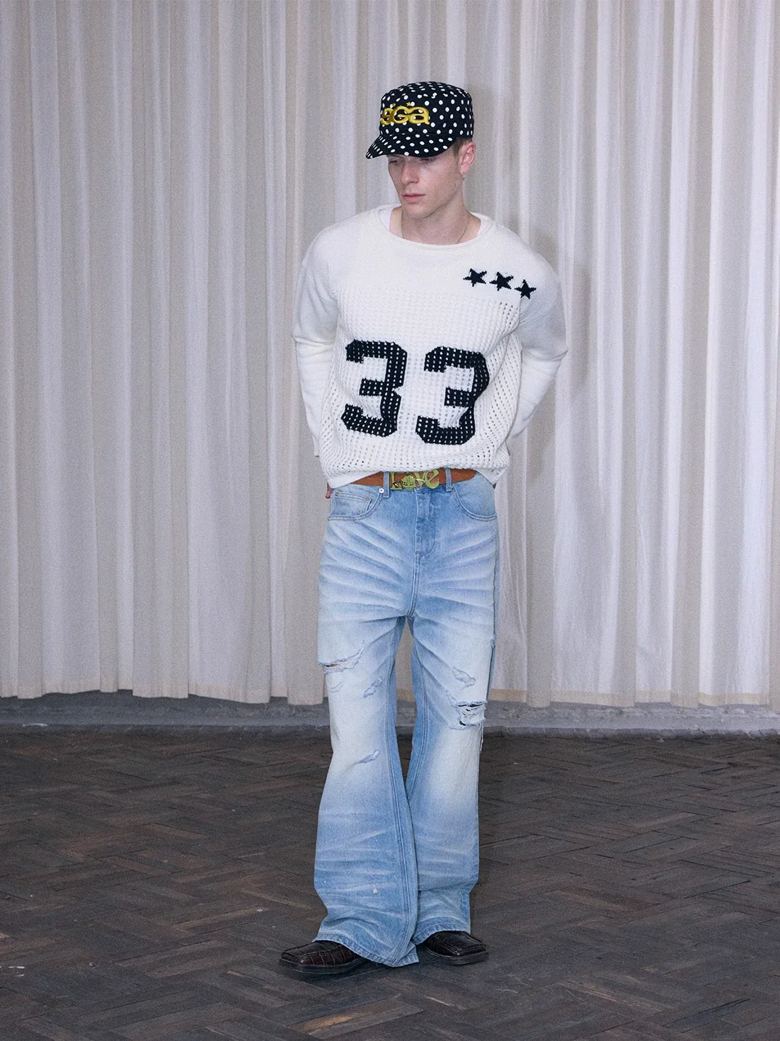 Open-Mesh Number Wool-Blend Crewneck - Image 3